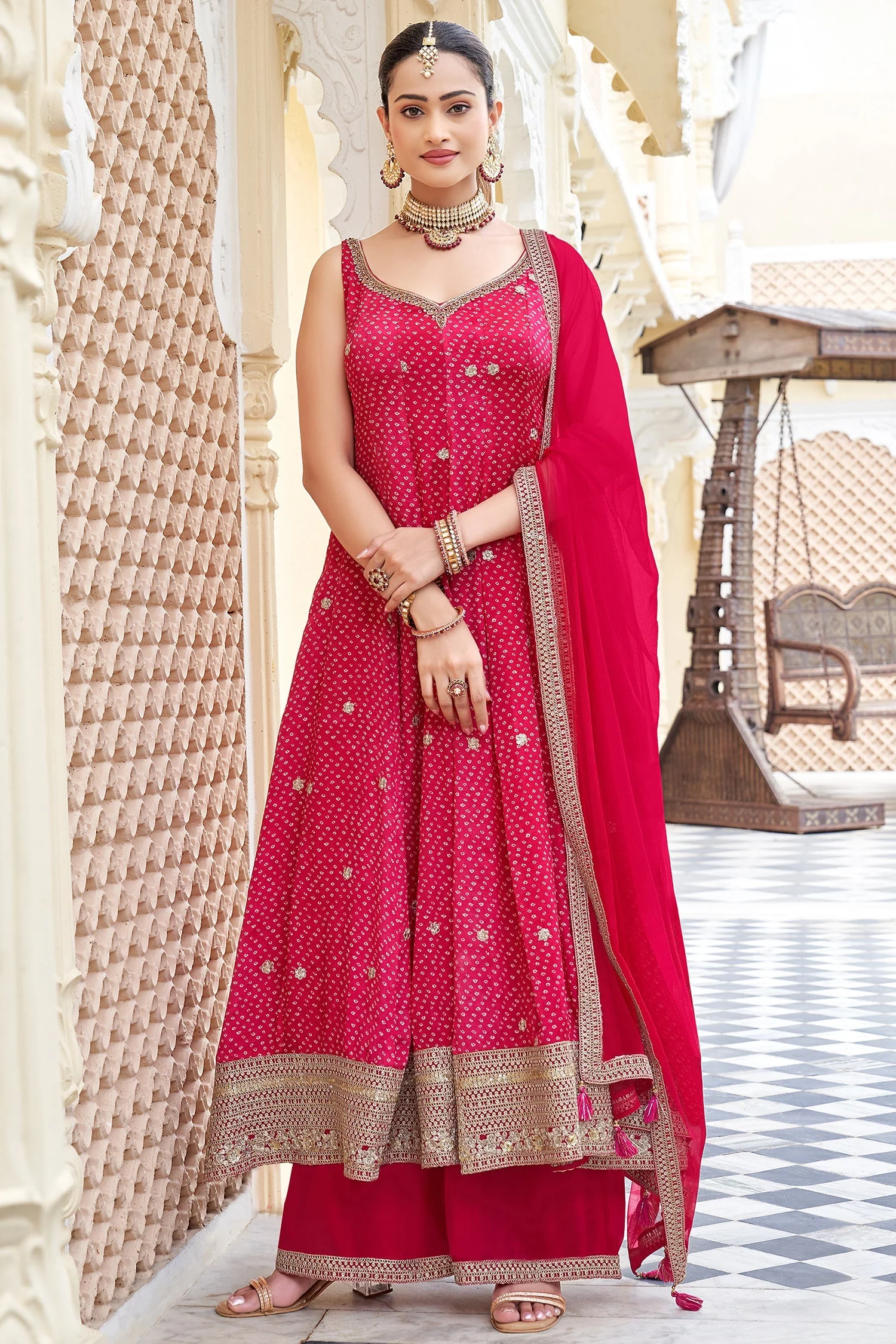Pink and Red Georgette Bandhej Printed Anarkali Palazzo Suit - Image 2