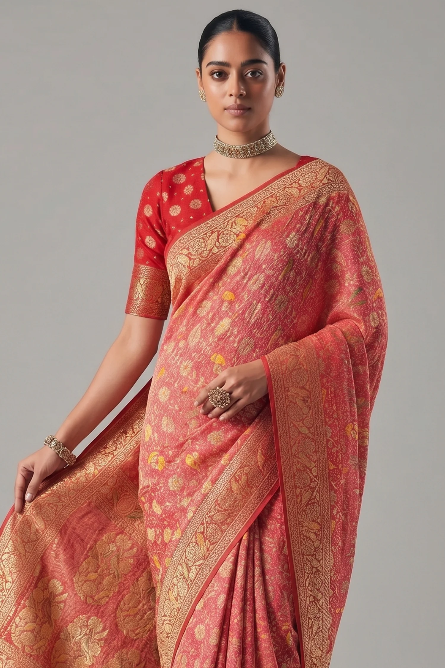 Pink and Red Georgette Traditional Bandhej Weaving Saree - Image 2