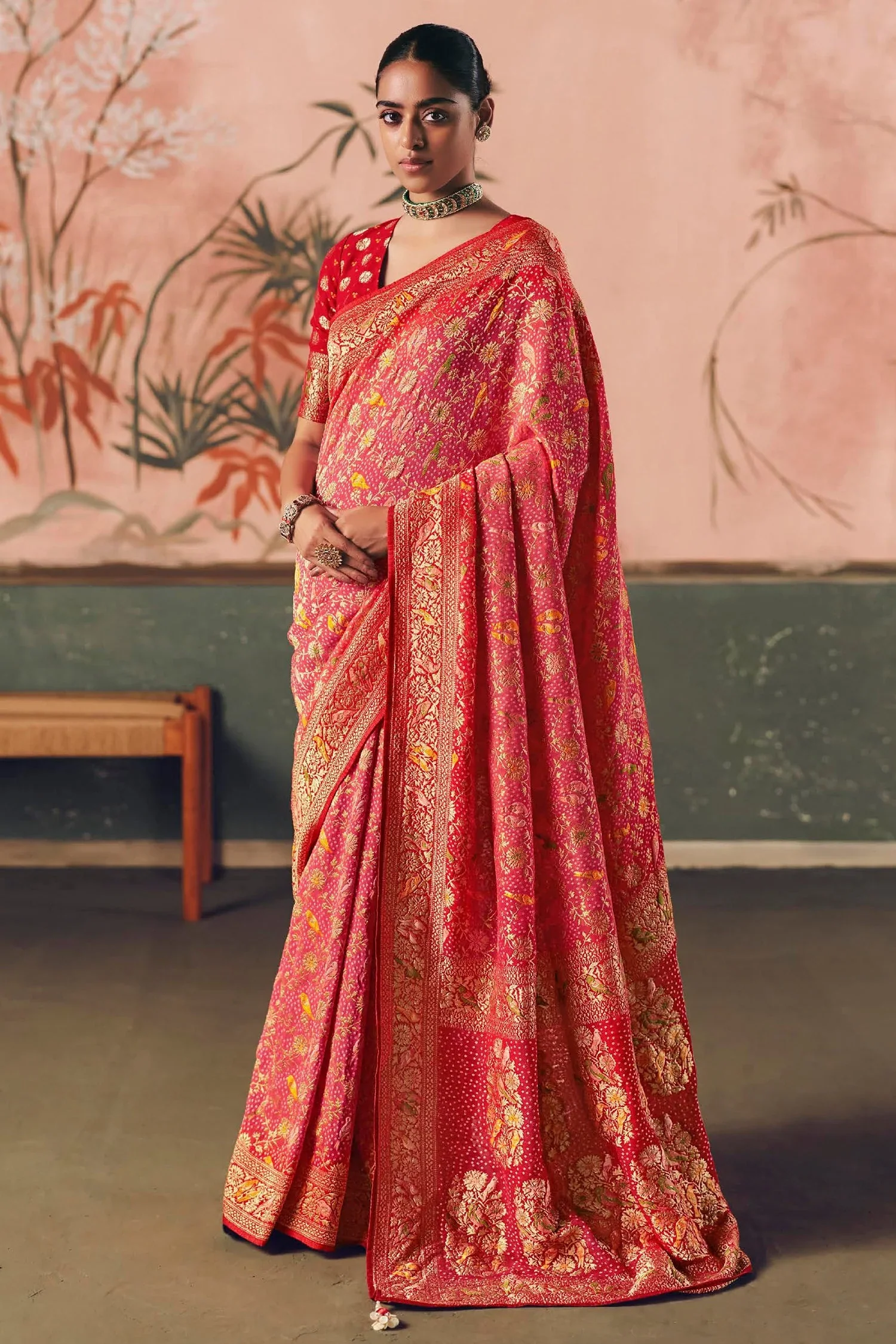 Pink and Red Georgette Traditional Bandhej Weaving Saree - Image 3