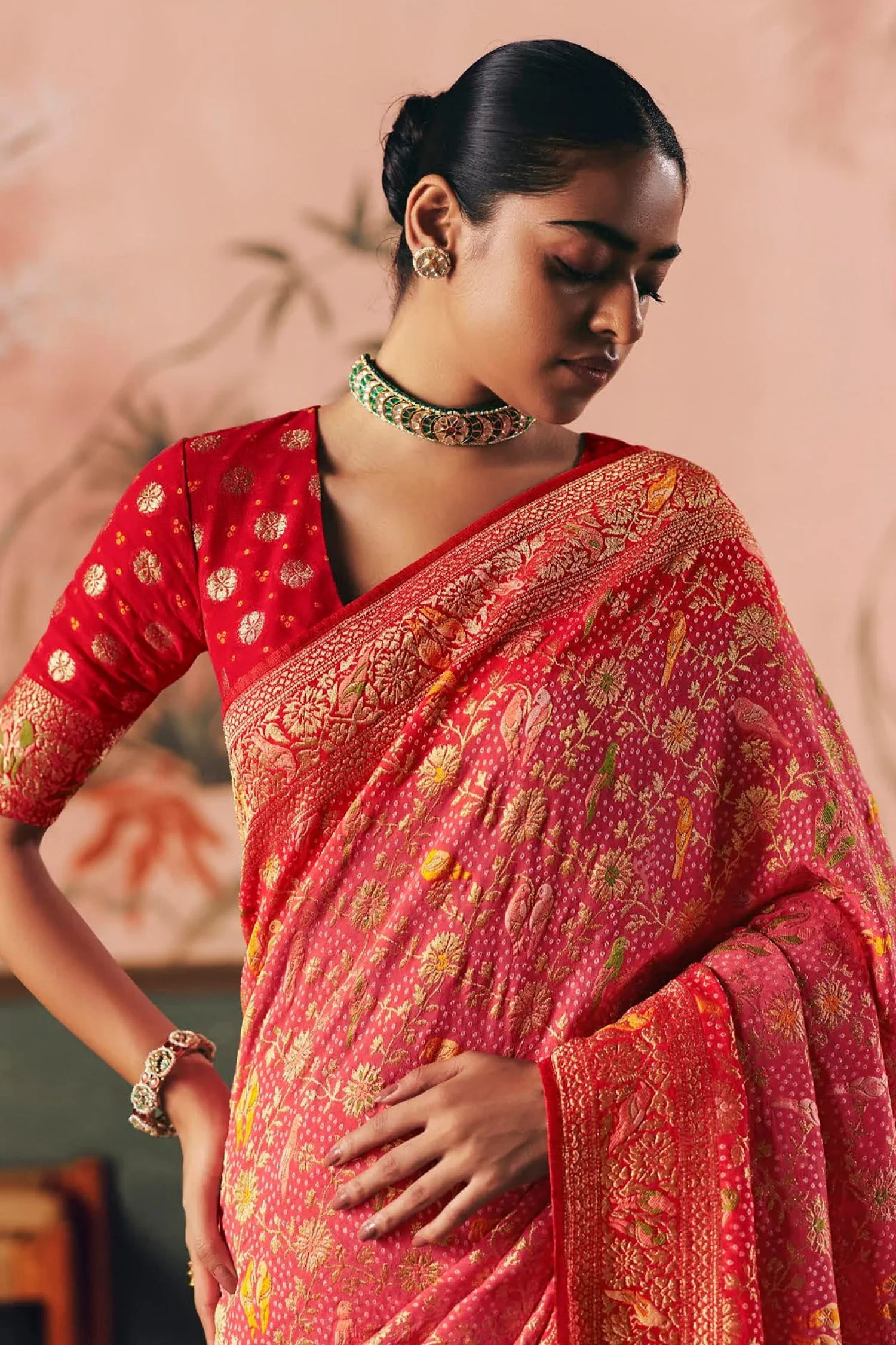 Pink and Red Georgette Traditional Bandhej Weaving Saree - Image 4