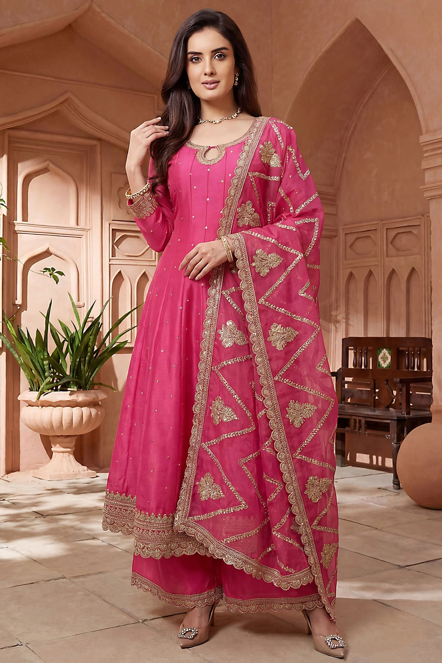 Pink Art Silk Embroidered Anarkali Palazzo Suit - Image 3