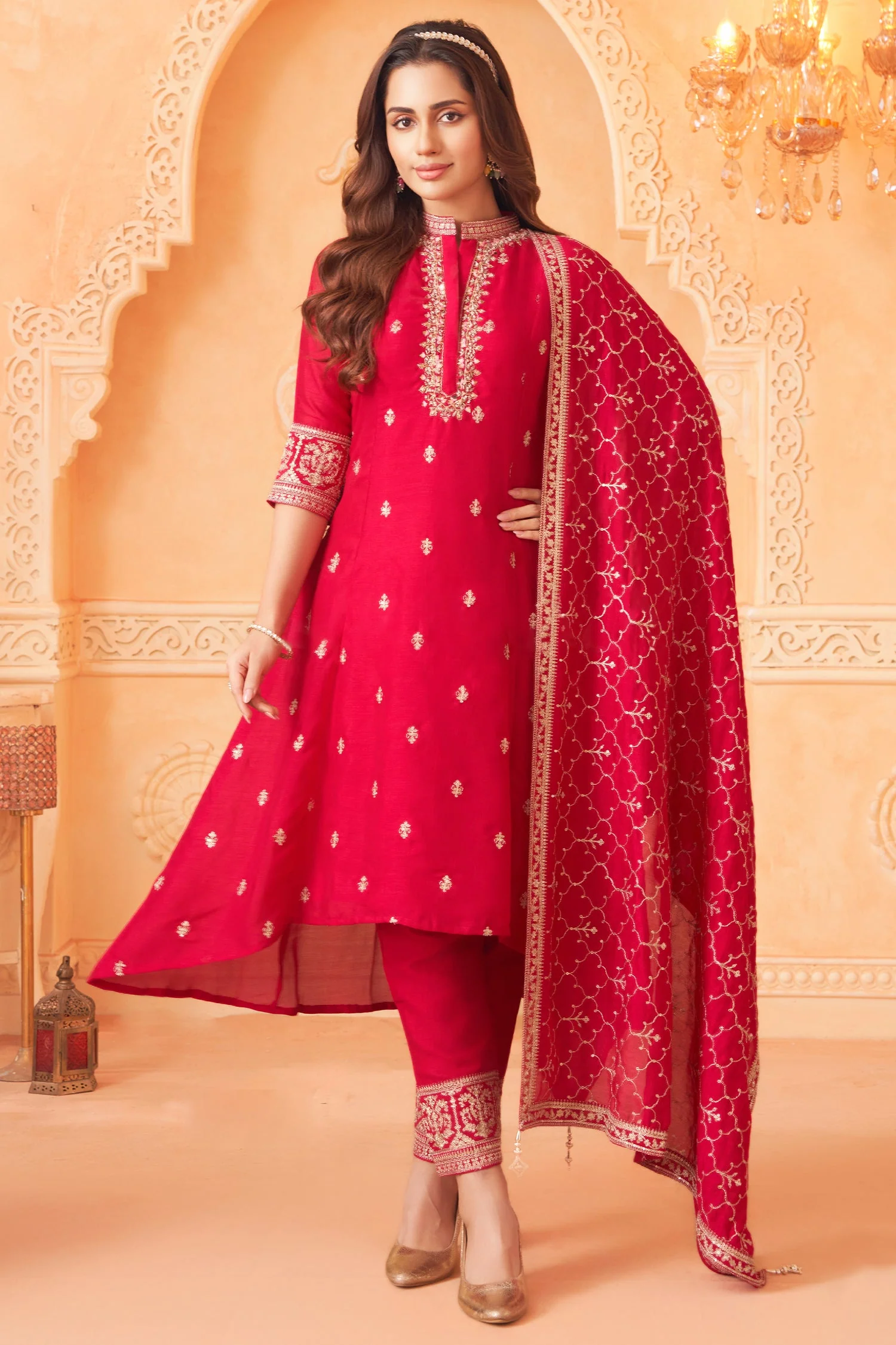Pink Art Silk High and Low Sequin and Mirror Worked Suit - Image 2