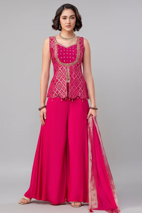 Pink Art Silk Woven Slit Cut Palazzo Suit