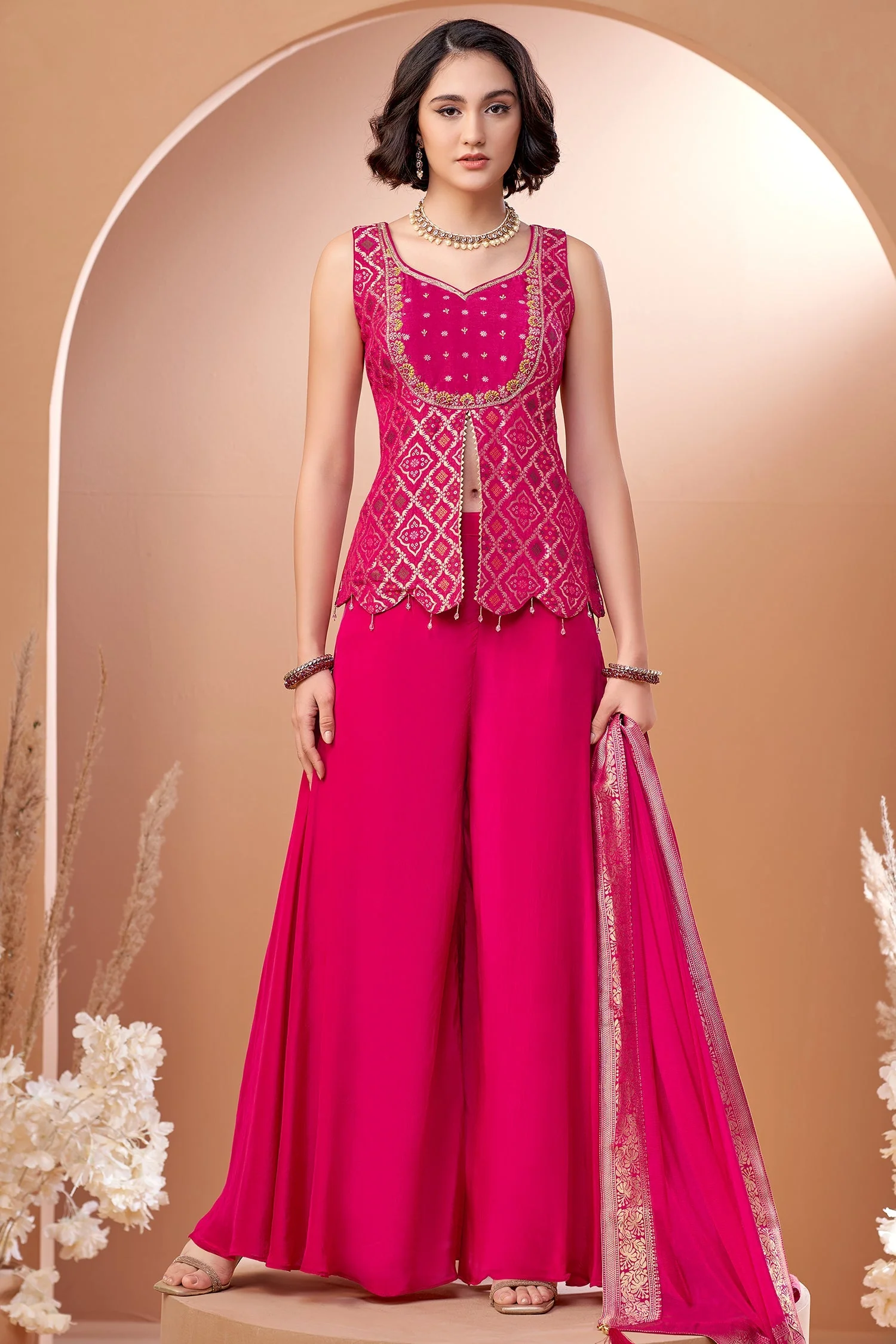 Pink Art Silk Woven Slit Cut Palazzo Suit - Image 2