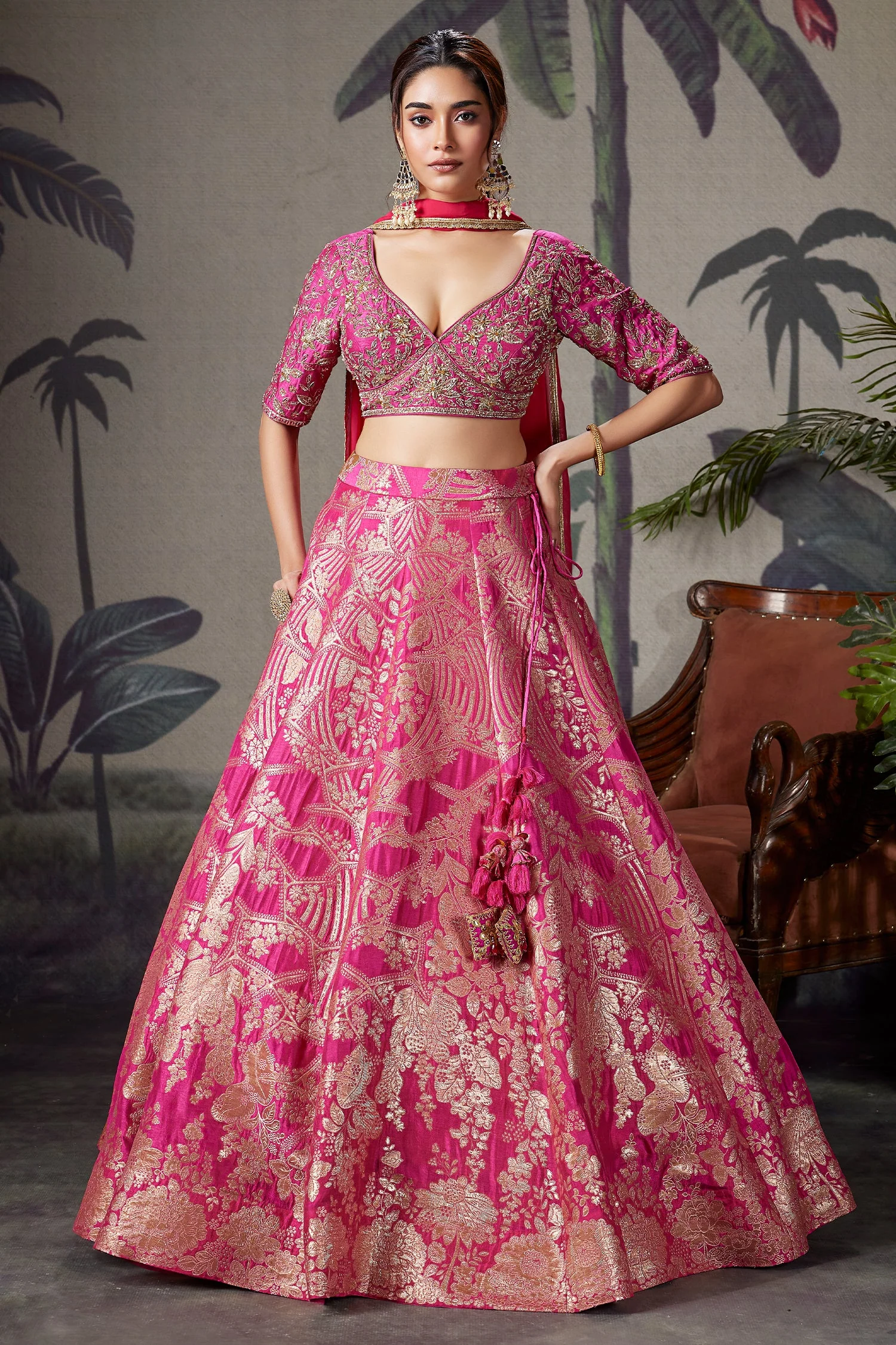 Pink Banarasi Brocade Silk Zari Weaving Lehenga - Image 3