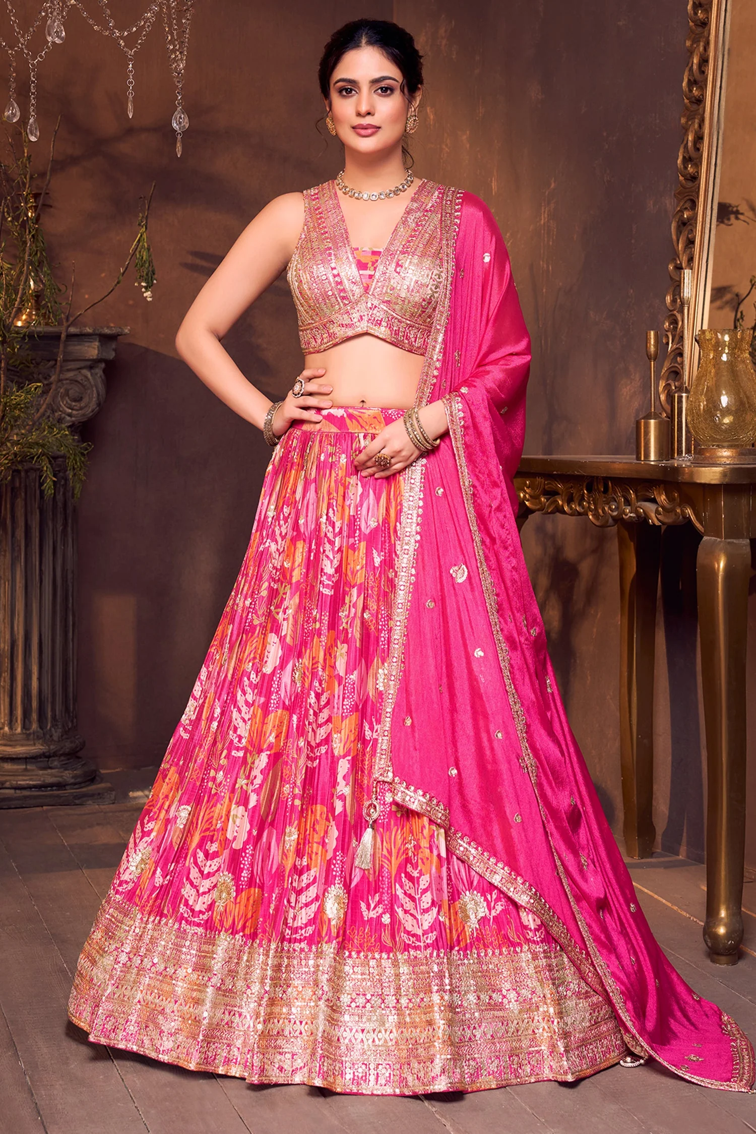 Pink Crepe Chinon Floral Printed Lehenga with Sequin Work - Image 3
