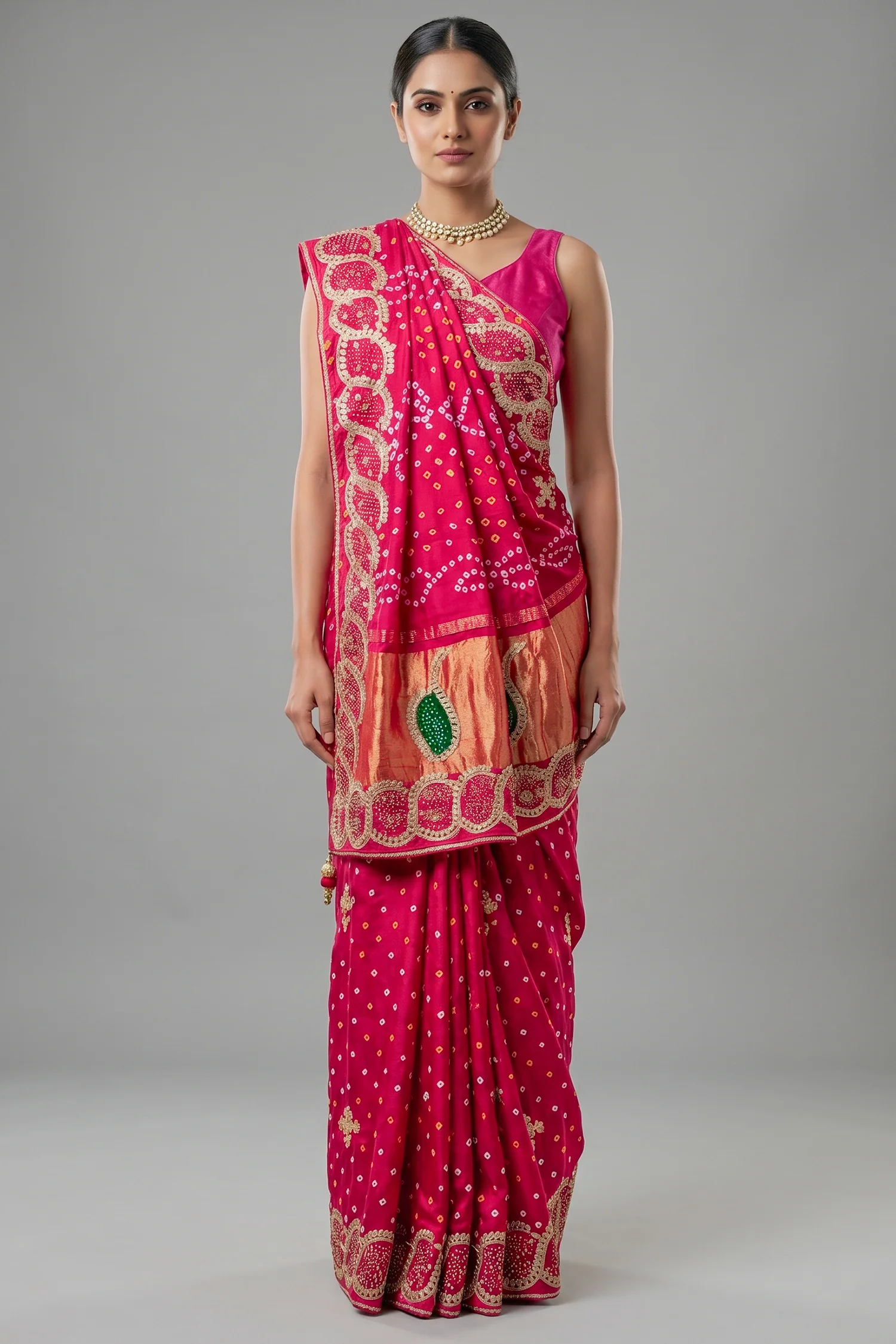 Pink Dola Silk Bandhej Saree with Gota Work