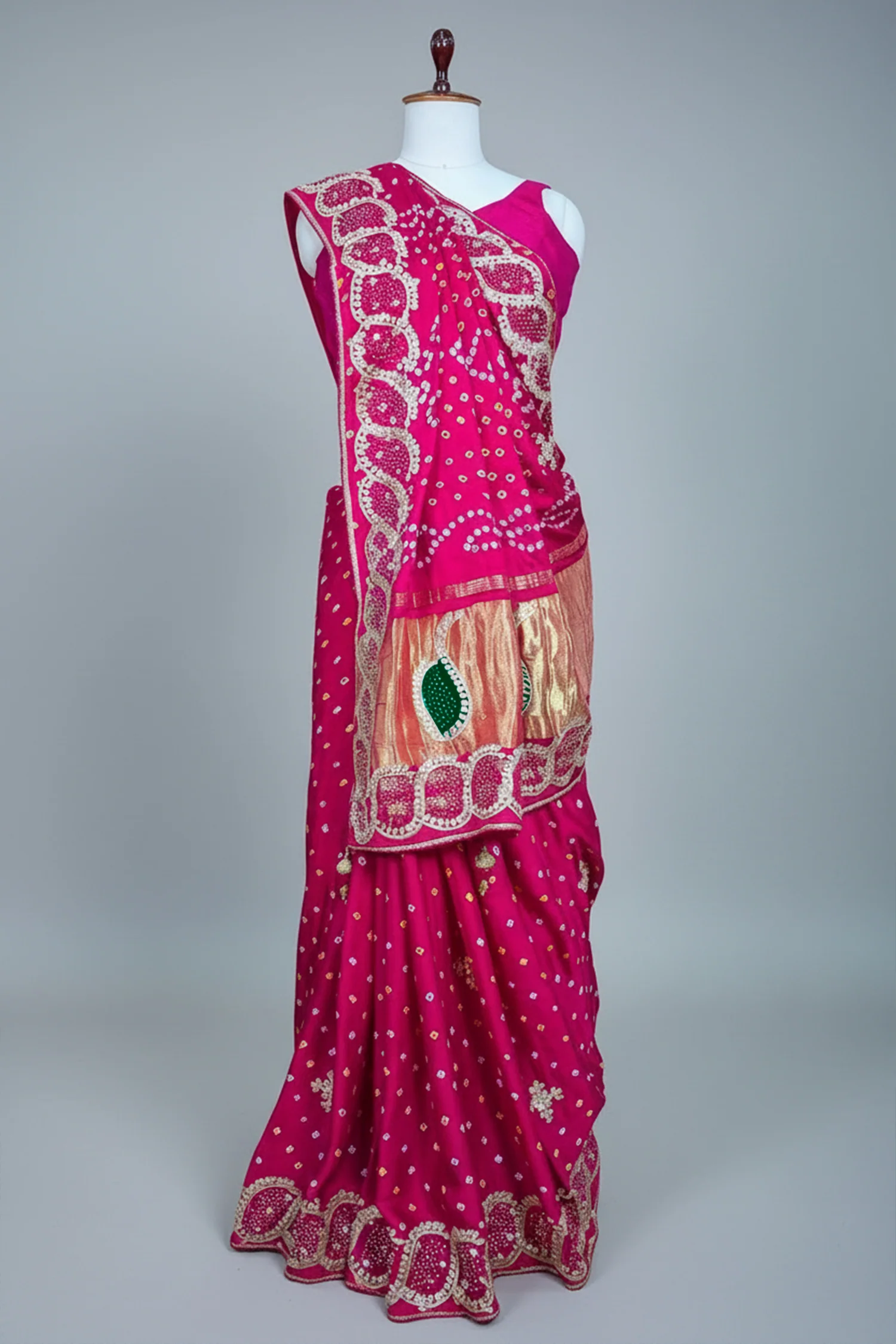 Pink Dola Silk Bandhej Saree with Gota Work - Image 3