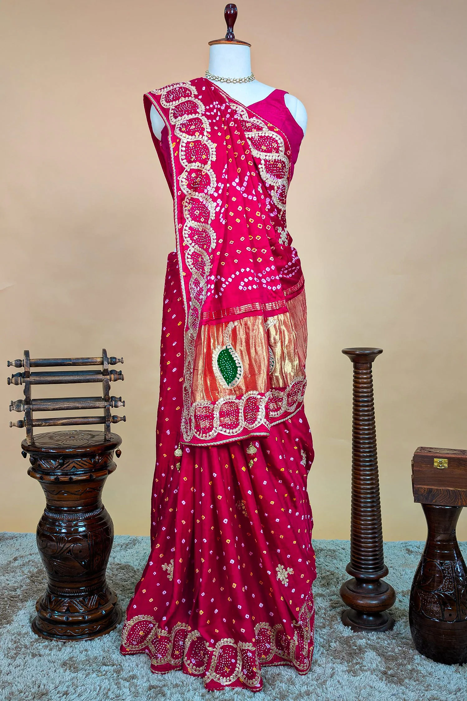 Pink Dola Silk Bandhej Saree with Gota Work - Image 4