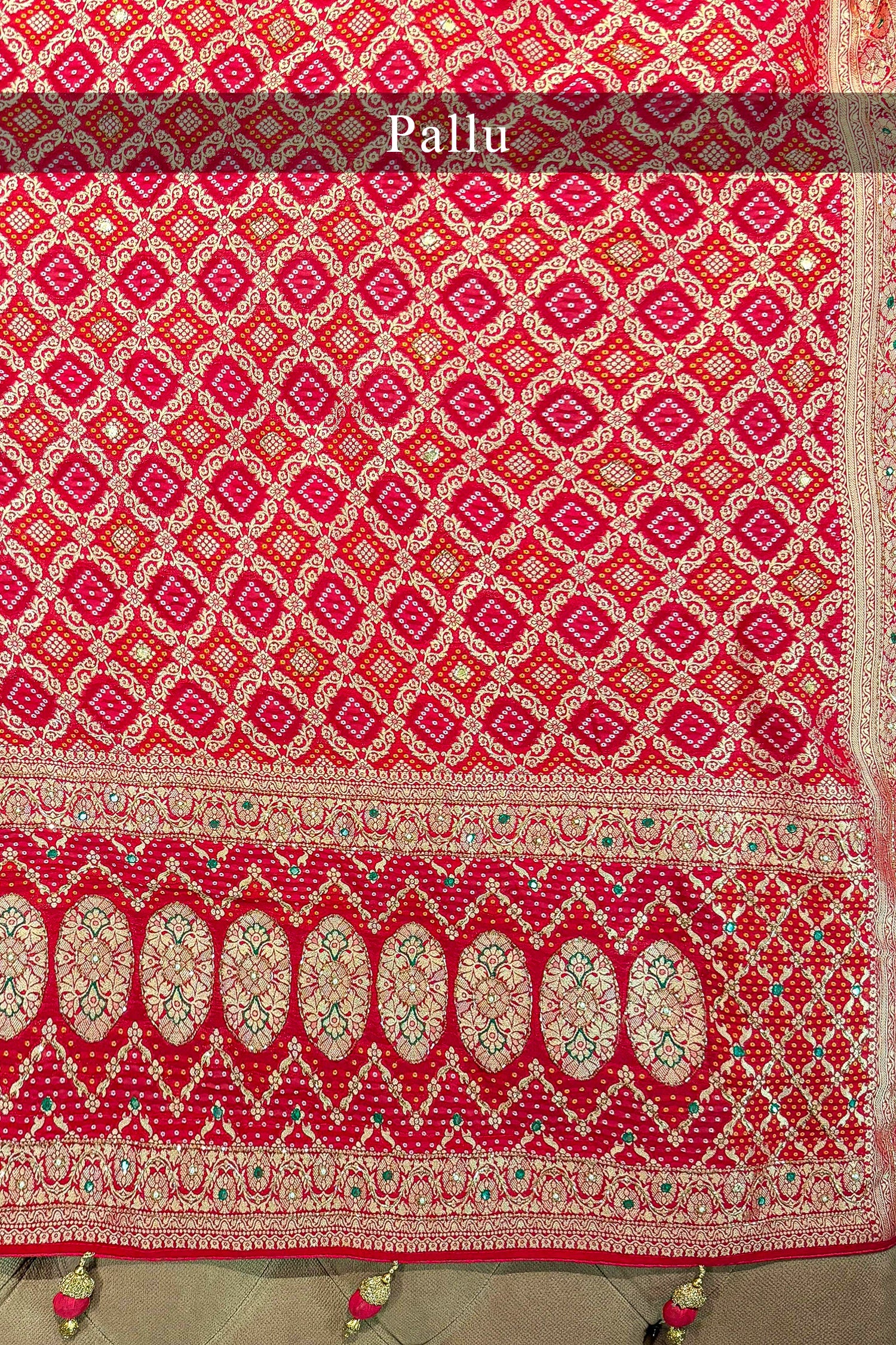 Pink Georgette Checks Bandhej Woven Saree with Cutdana and Applique Work - Image 5