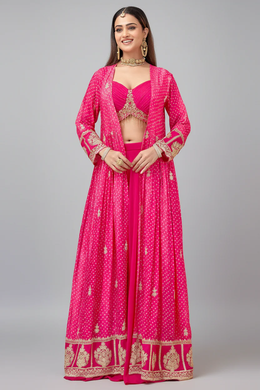 Pink Georgette Crop Top Palazzo Set with Printed Jacket
