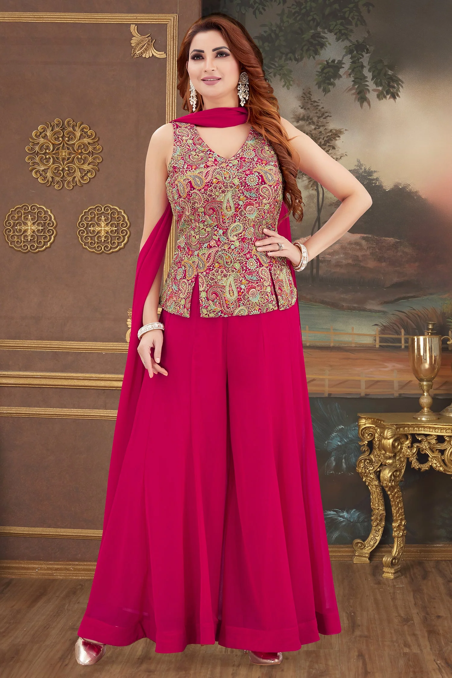 Pink Georgette Embroidered Palazzo Suit - Image 2