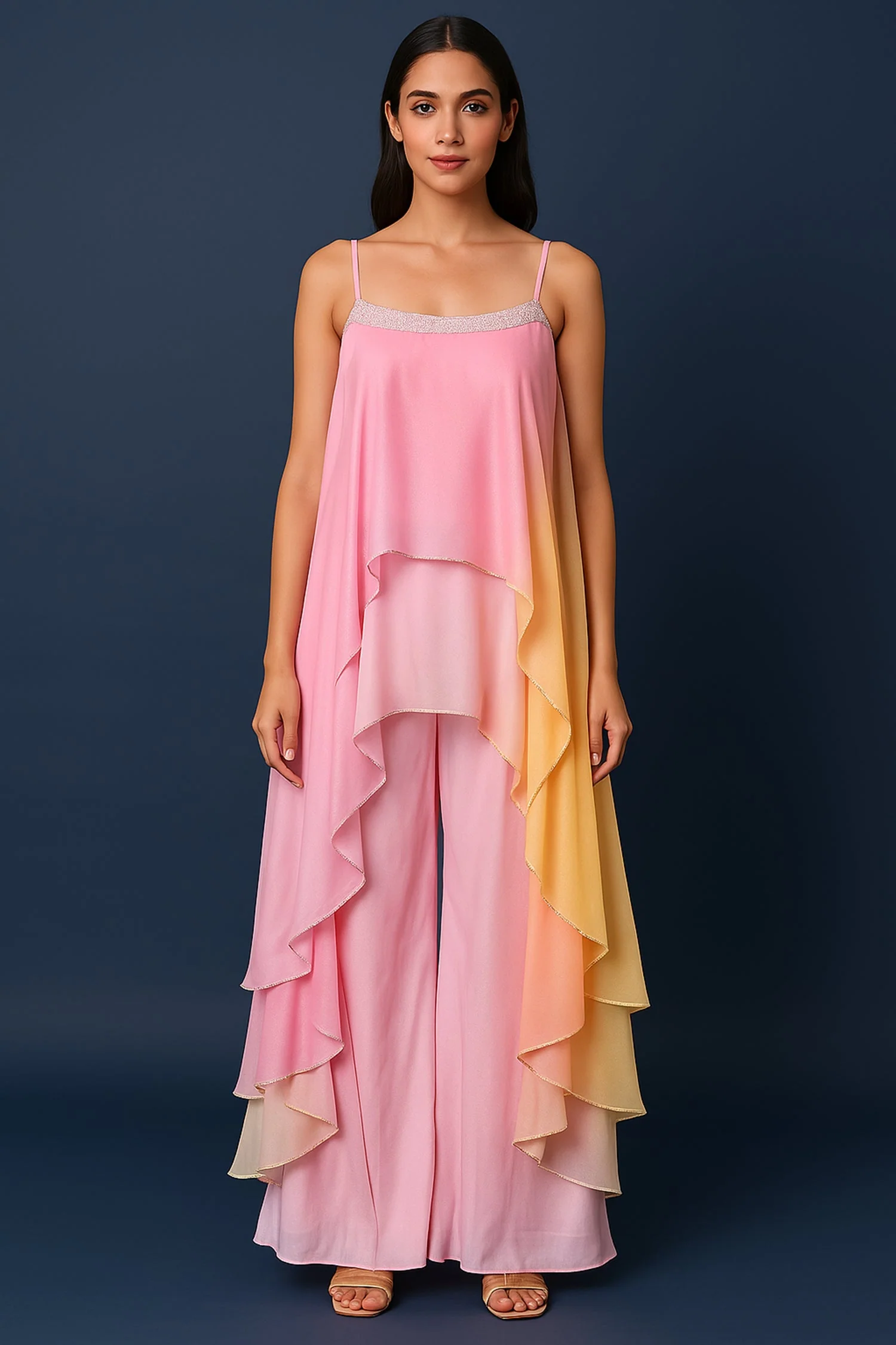 Pink Georgette Square Neck High and Low Layered Asymmetric Hem Detail Co-Ord Set