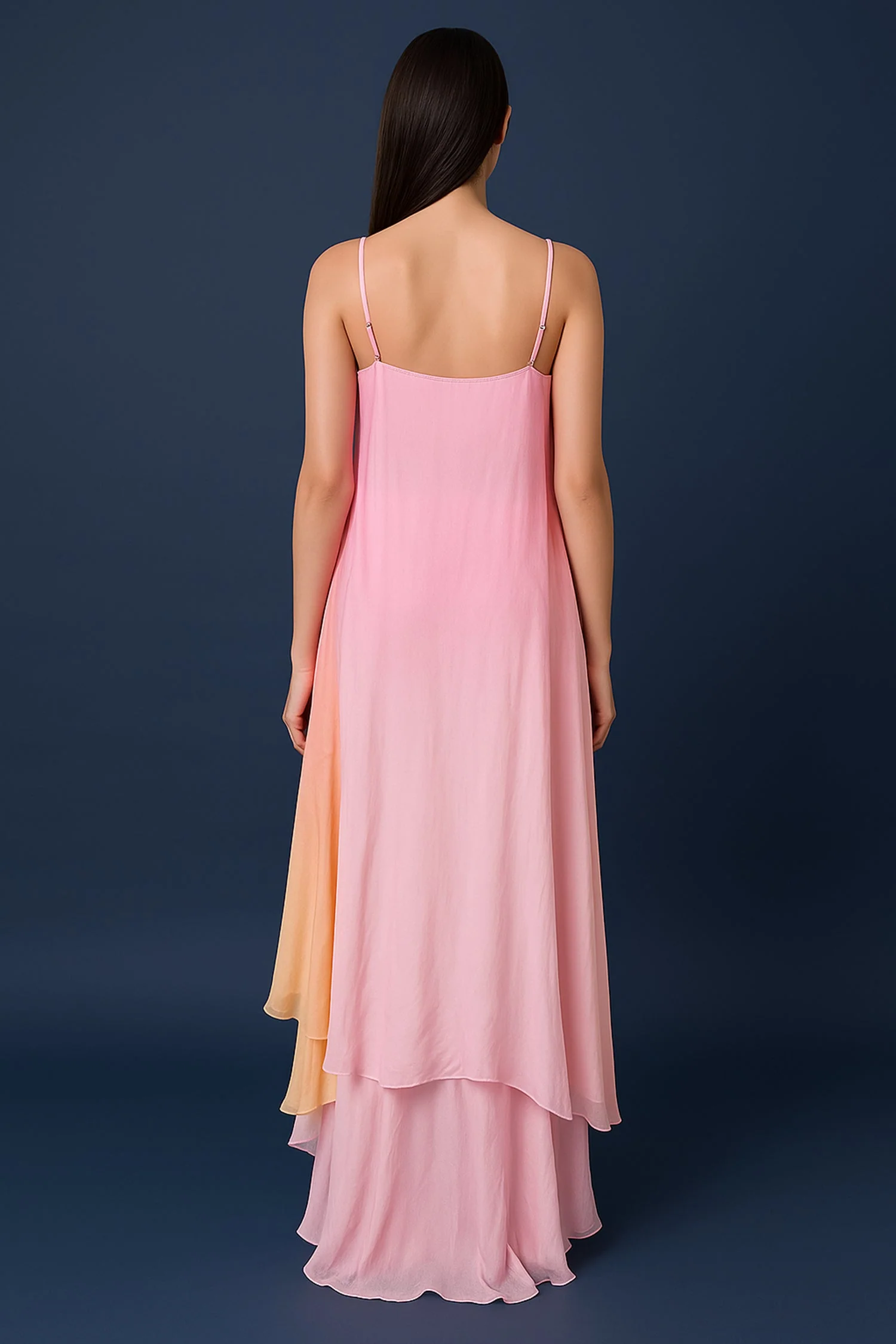 Pink Georgette Square Neck High and Low Layered Asymmetric Hem Detail Co-Ord Set - Image 2