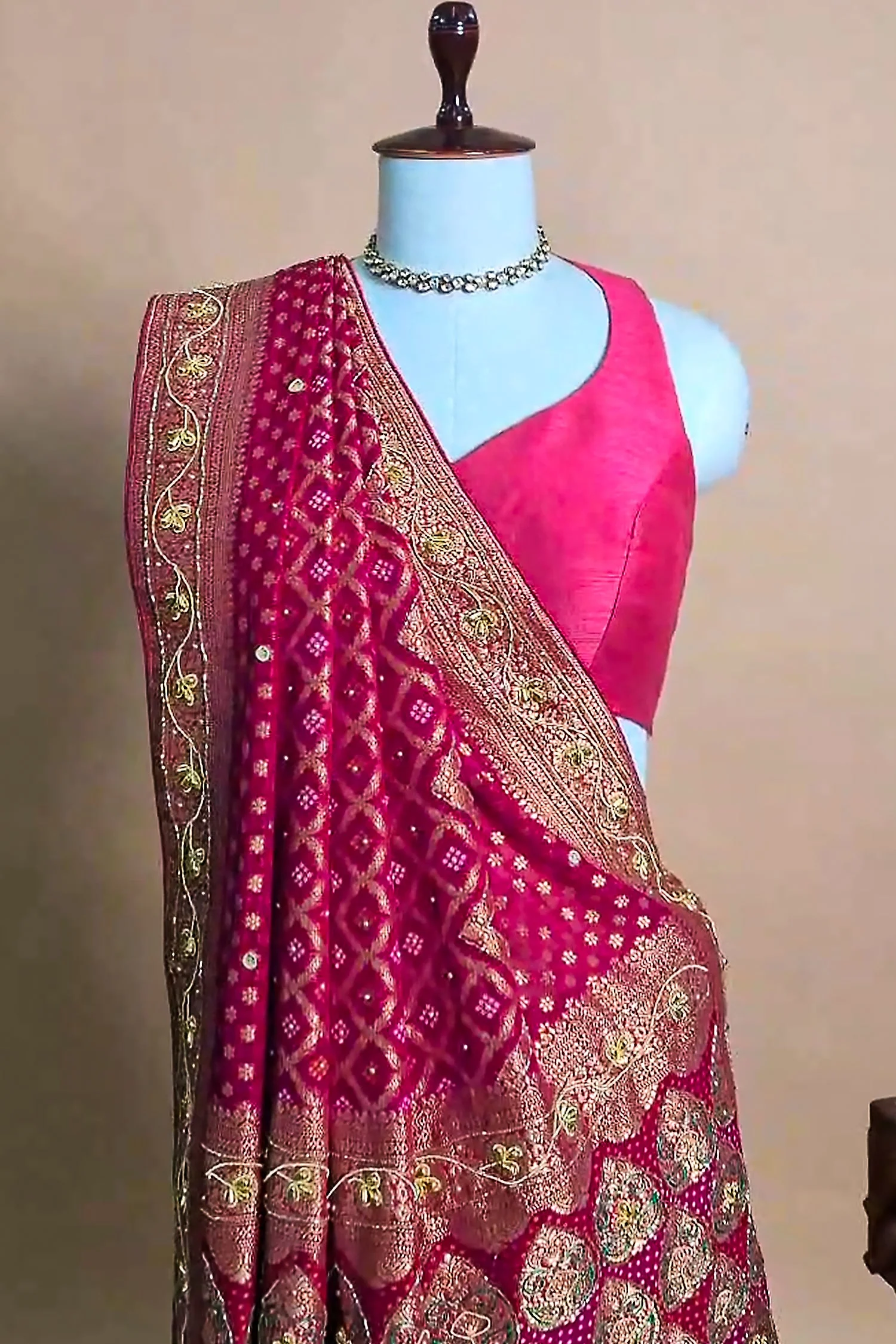 Pink Georgette Traditional Bandhej Saree with Cutdana and Bead Work - Image 3