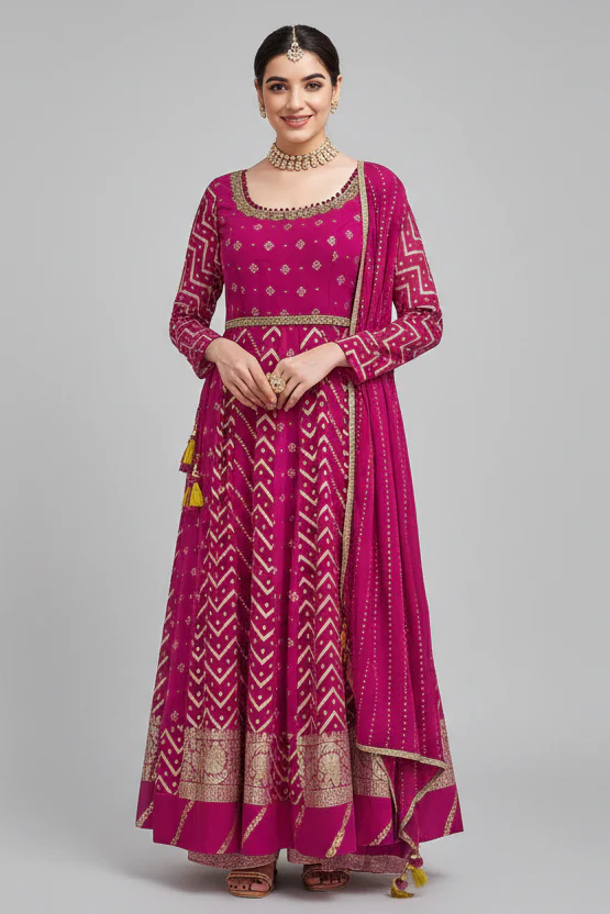 Pink Georgette Woven Anarkali Palazzo Suit