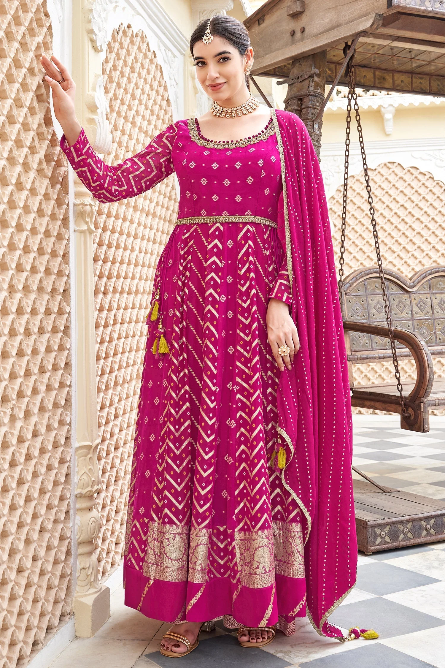 Pink Georgette Woven Anarkali Palazzo Suit - Image 2
