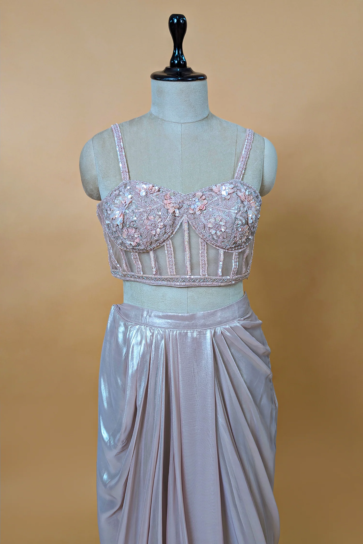 Pink Net Beaded and Sequin Worked Corset Skirt Set with Cape Jacket - Image 4