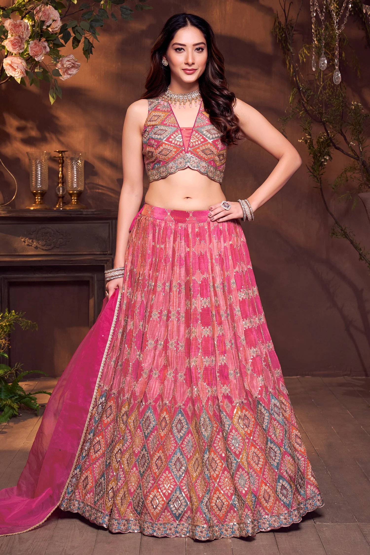Pink Ombre and Multi Colored Chinon Silk Printed Lehenga with Sequin Embroidery Work - Image 3