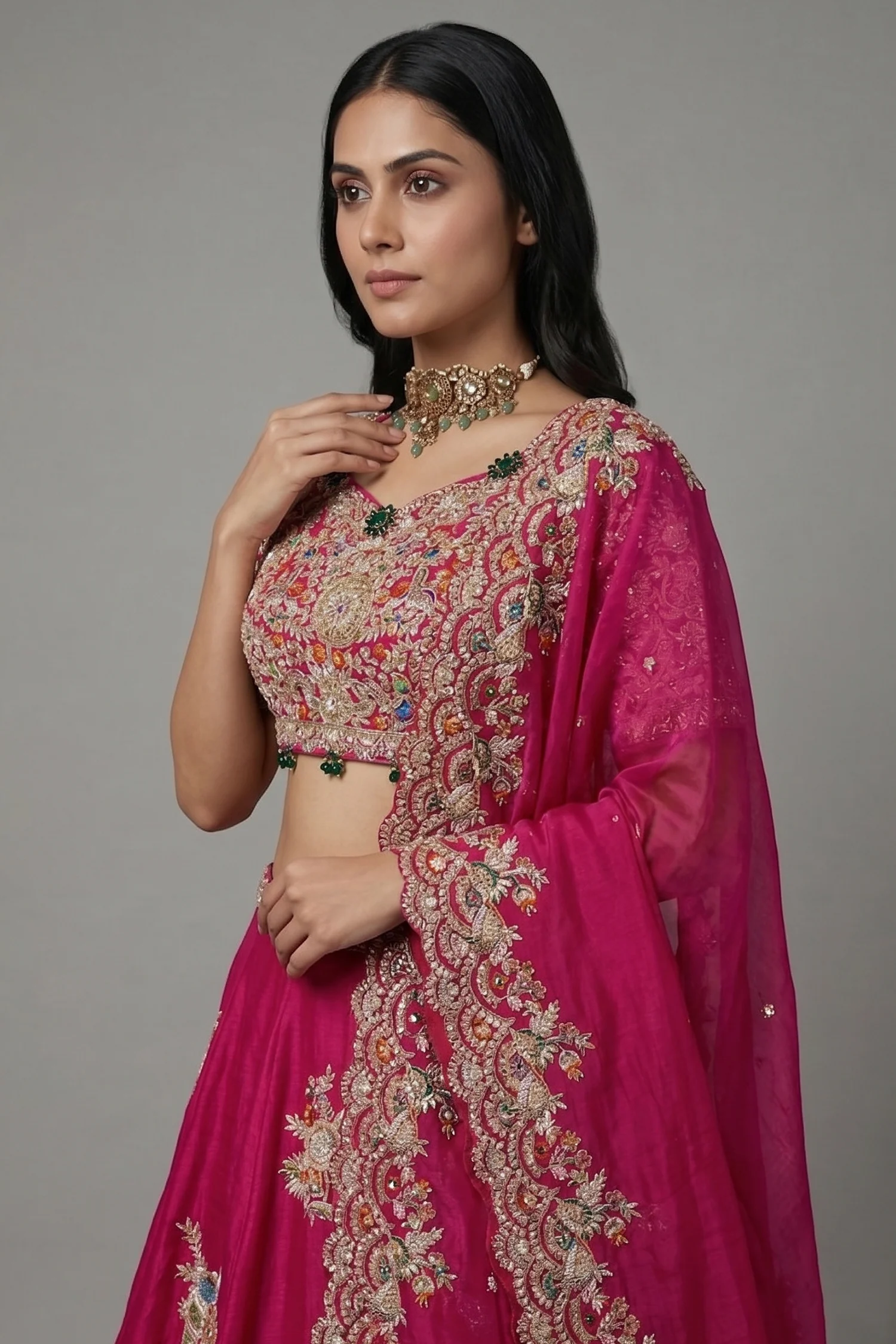 Pink Organza Lehenga with Beads and Zardosi Worked Peacock Motif Butta - Image 2