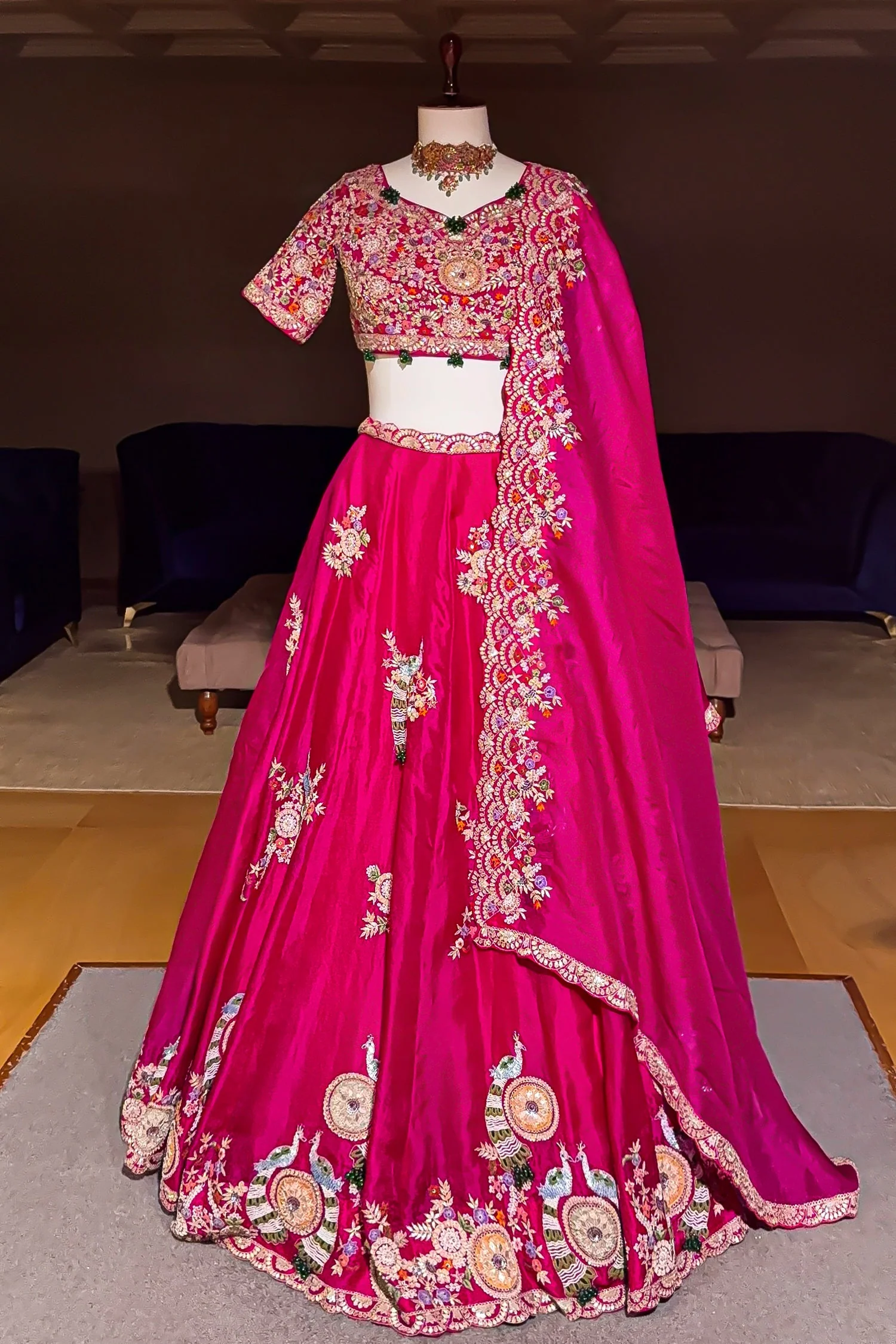 Pink Organza Lehenga with Beads and Zardosi Worked Peacock Motif Butta - Image 3