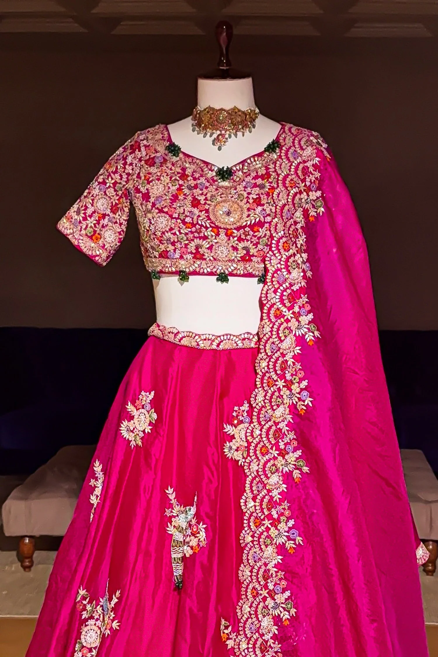 Pink Organza Lehenga with Beads and Zardosi Worked Peacock Motif Butta - Image 4