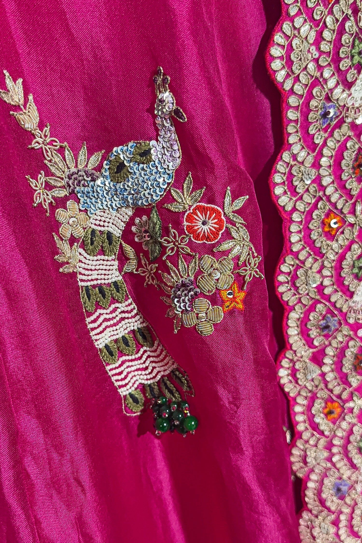 Pink Organza Lehenga with Beads and Zardosi Worked Peacock Motif Butta - Image 6