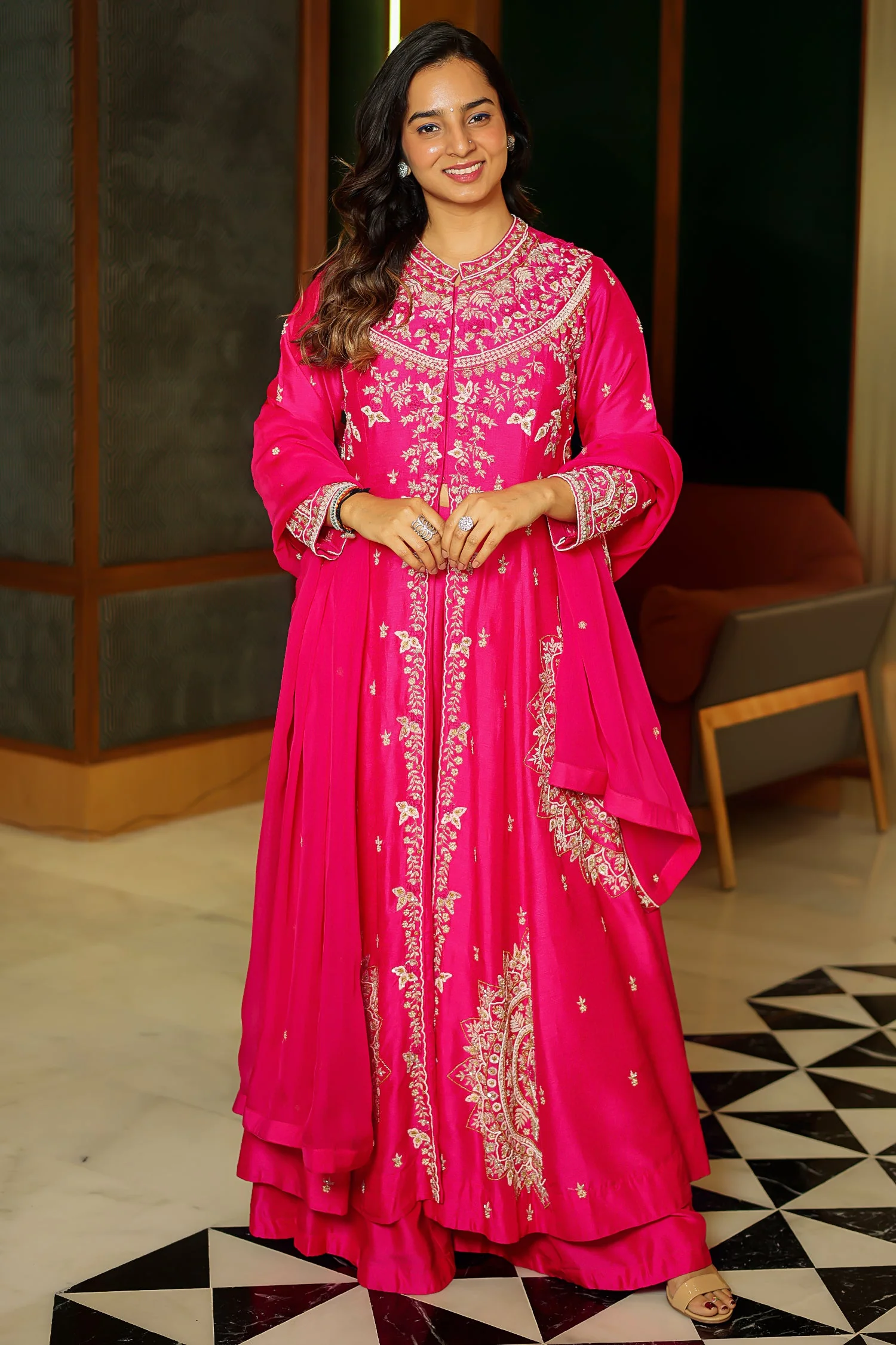 Pink Raw Silk Beaded High Slit Cut Palazzo Suit - Image 2