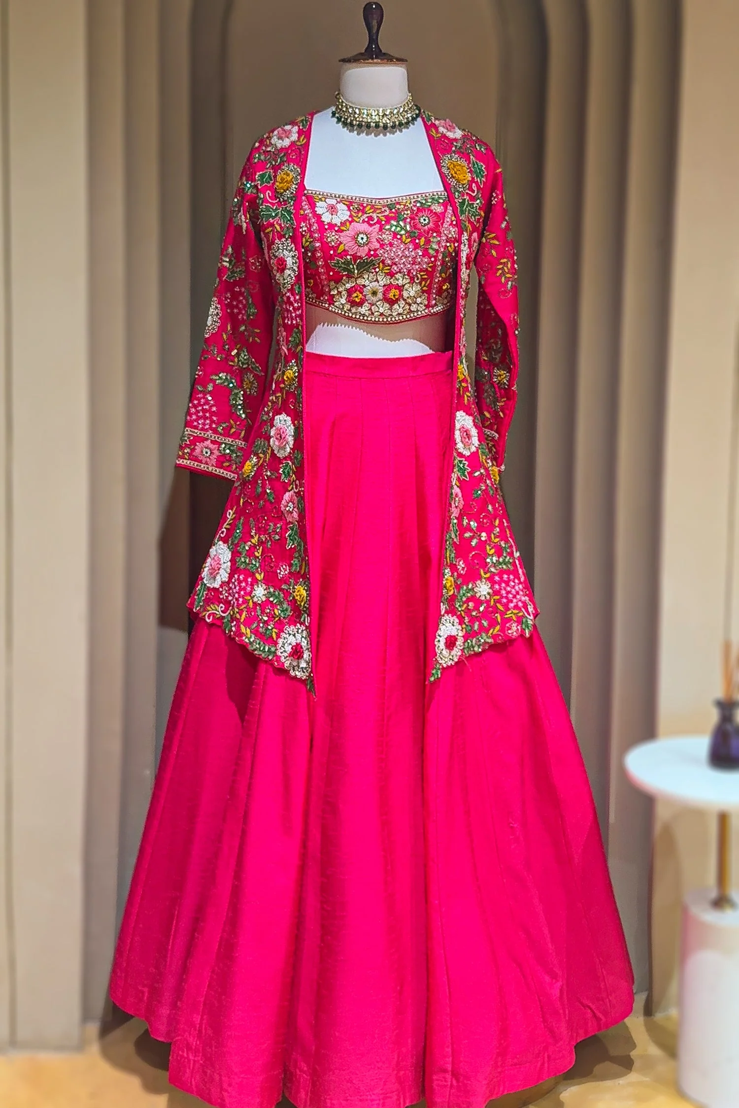 Pink Raw Silk Floral Embroidered and Beads Work Crop Top Lehenga with Jacket - Image 3