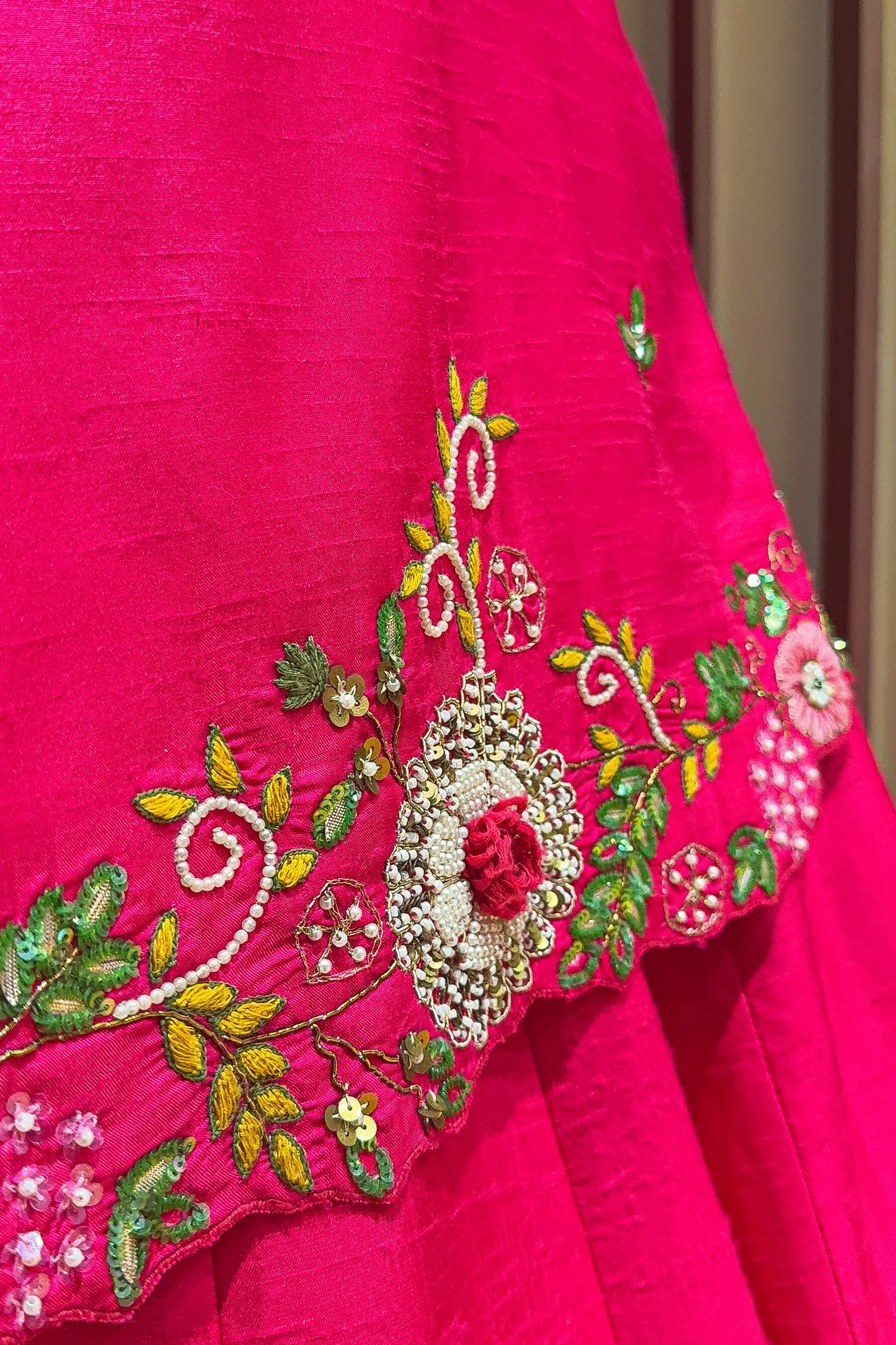 Pink Raw Silk Floral Embroidered and Beads Work Crop Top Lehenga with Jacket - Image 4