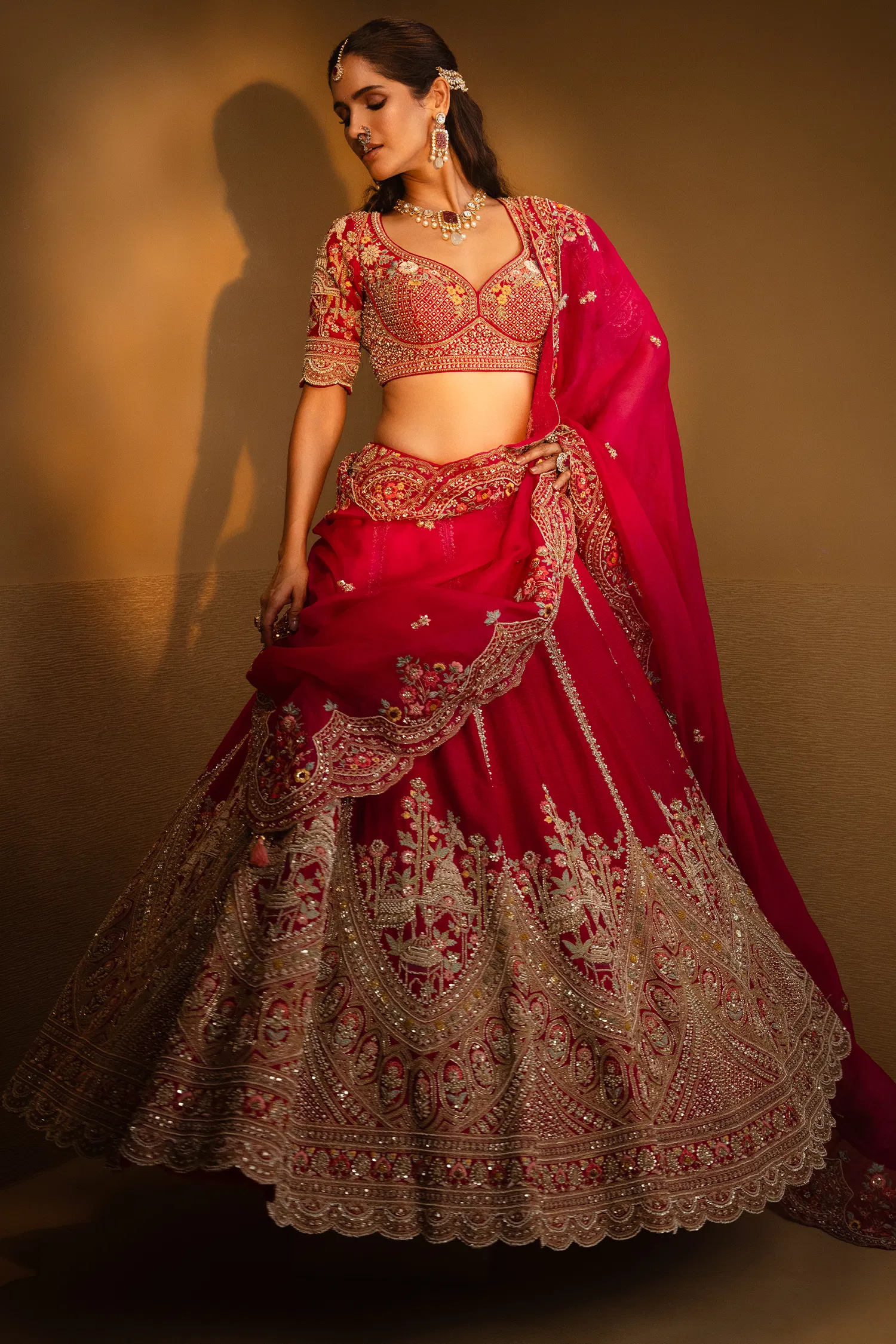 Pink Raw Silk Heavy Designer Bridal Lehenga with Double Dupatta and Deep V Neckline Blouse - Image 3