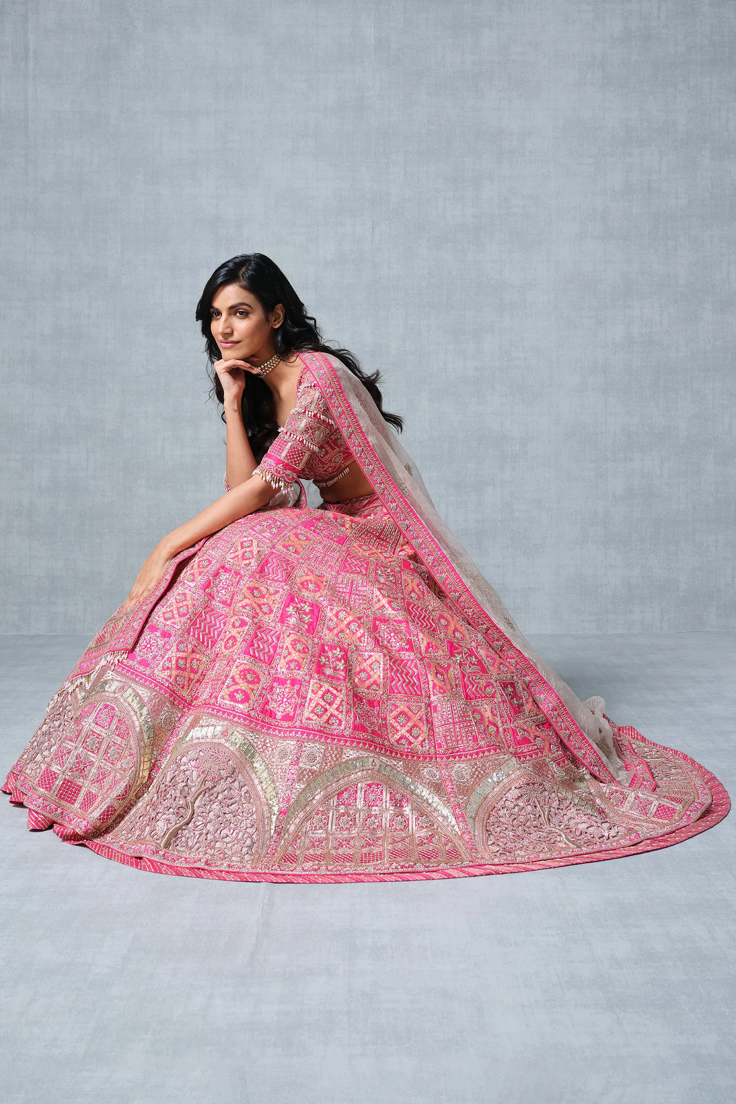 Pink Raw Silk Traditional Lehenga with Sidi Saiyyed Jali Inspired Border - Image 3