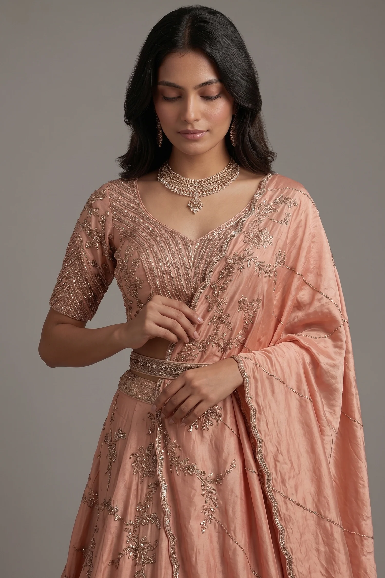 Pink Satin Silk Embroidered Designer Lehenga - Image 2