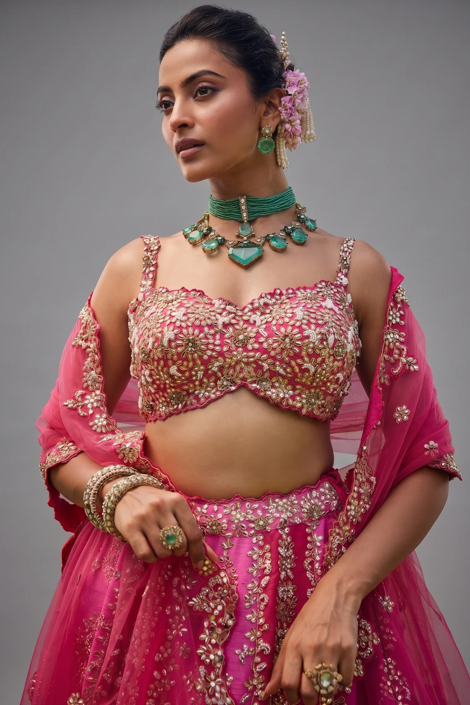 Pink Shaded Raw Silk Heavy Handworked Lehenga - Image 2