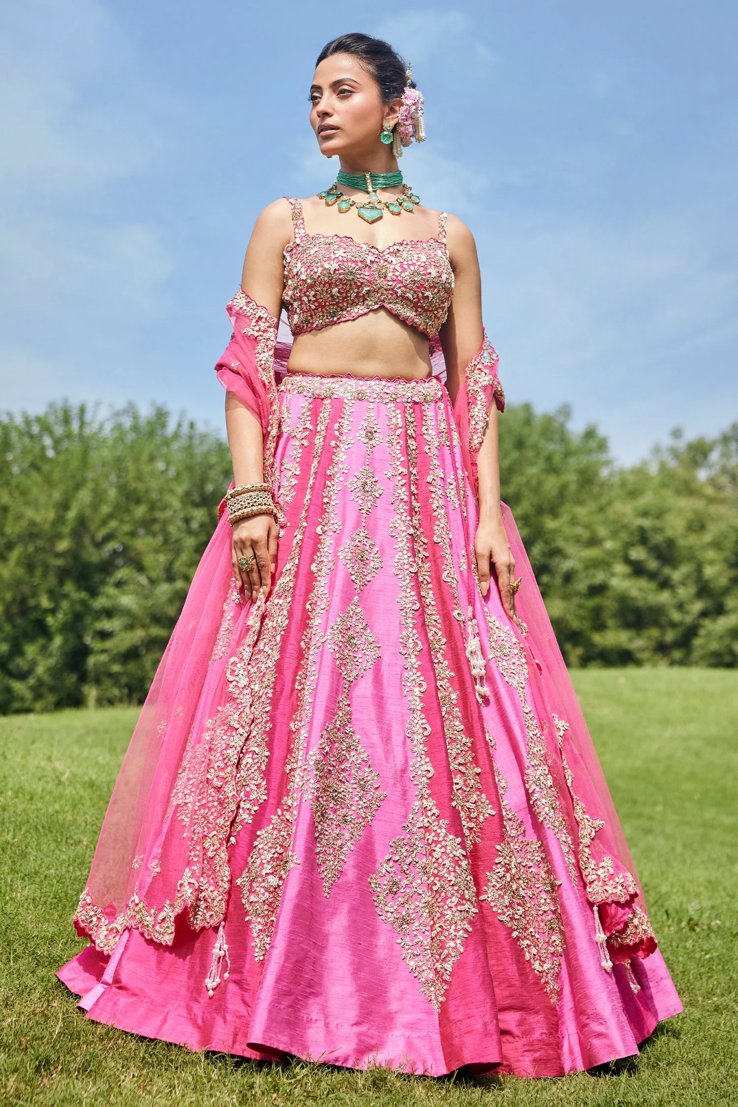 Pink Shaded Raw Silk Heavy Handworked Lehenga - Image 3