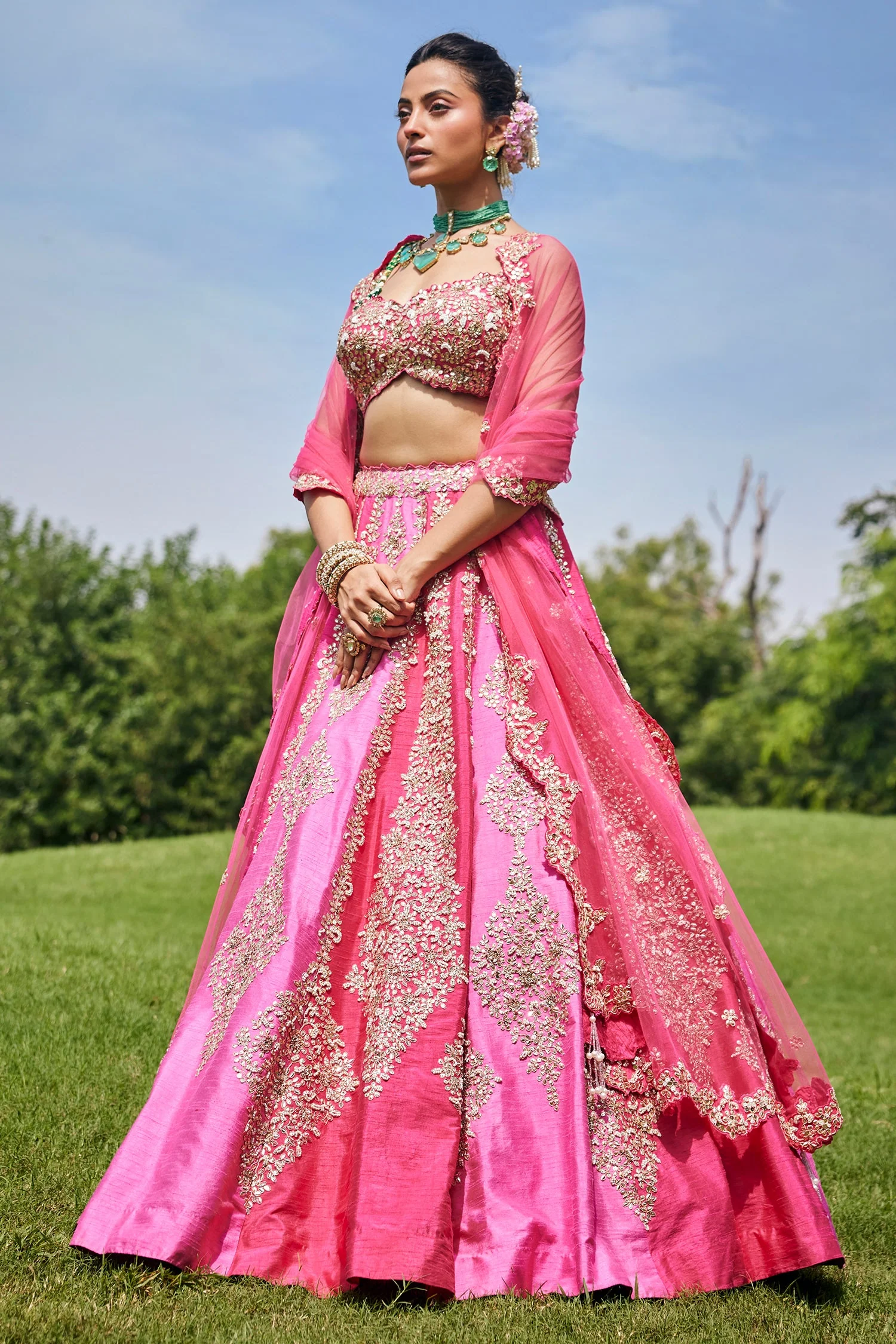Pink Shaded Raw Silk Heavy Handworked Lehenga - Image 4