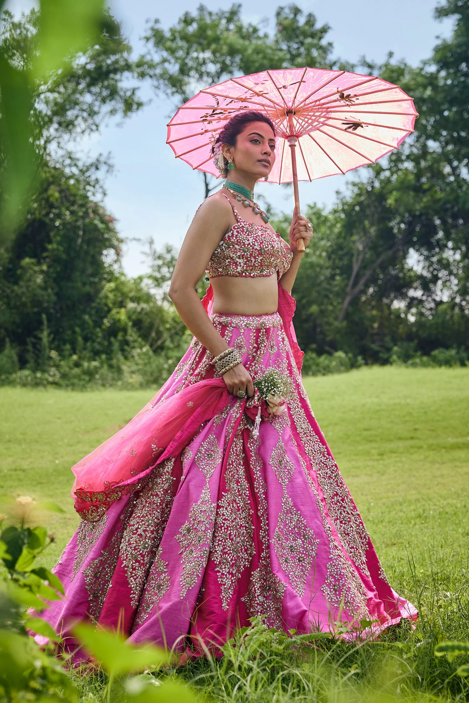 Pink Shaded Raw Silk Heavy Handworked Lehenga - Image 5
