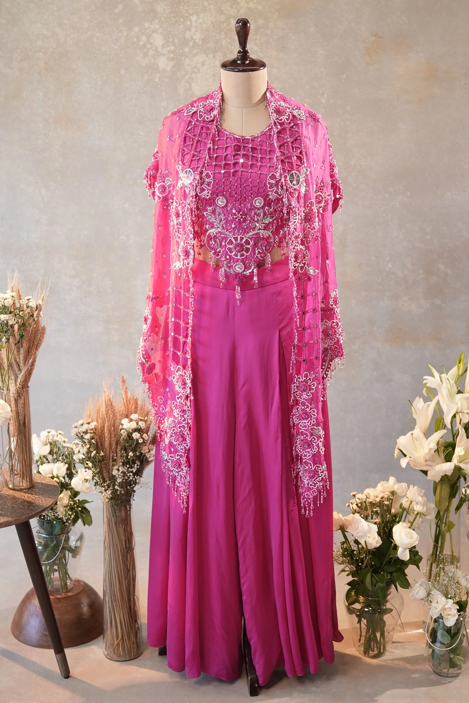 Pink Silk Cutwork Mirror Beaded Crop Top Palazzo Set with Jacket - Image 2