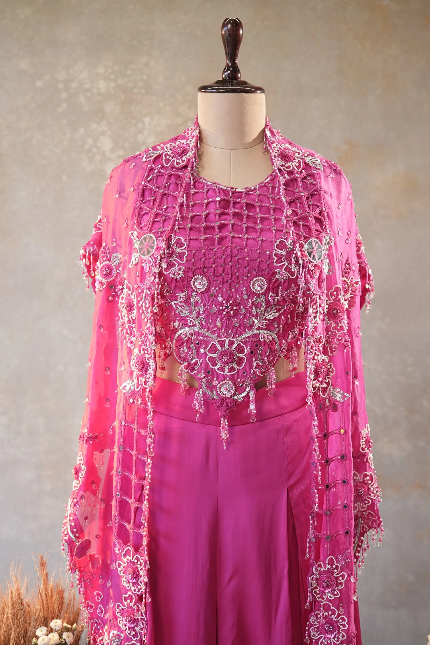 Pink Silk Cutwork Mirror Beaded Crop Top Palazzo Set with Jacket - Image 3