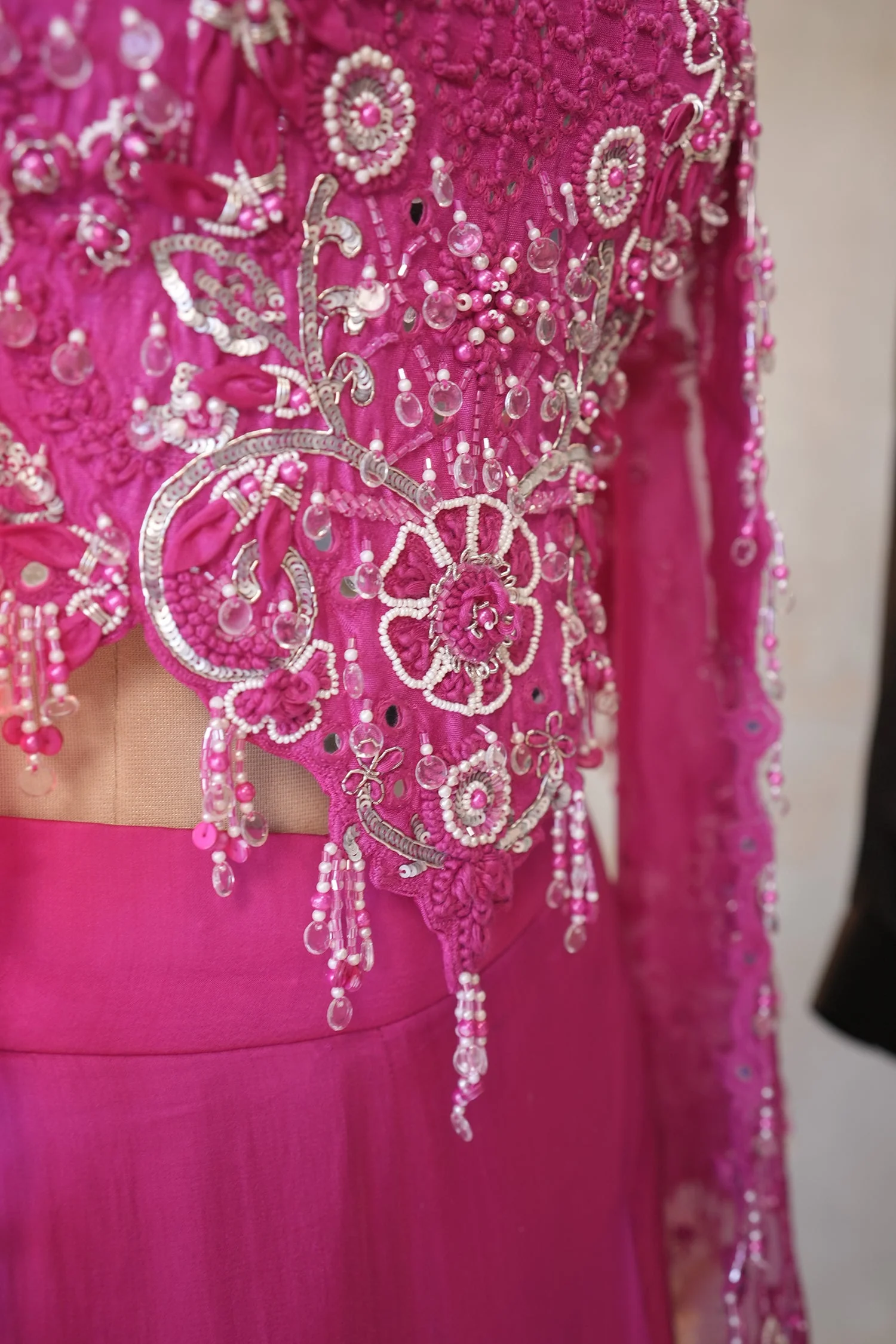 Pink Silk Cutwork Mirror Beaded Crop Top Palazzo Set with Jacket - Image 4