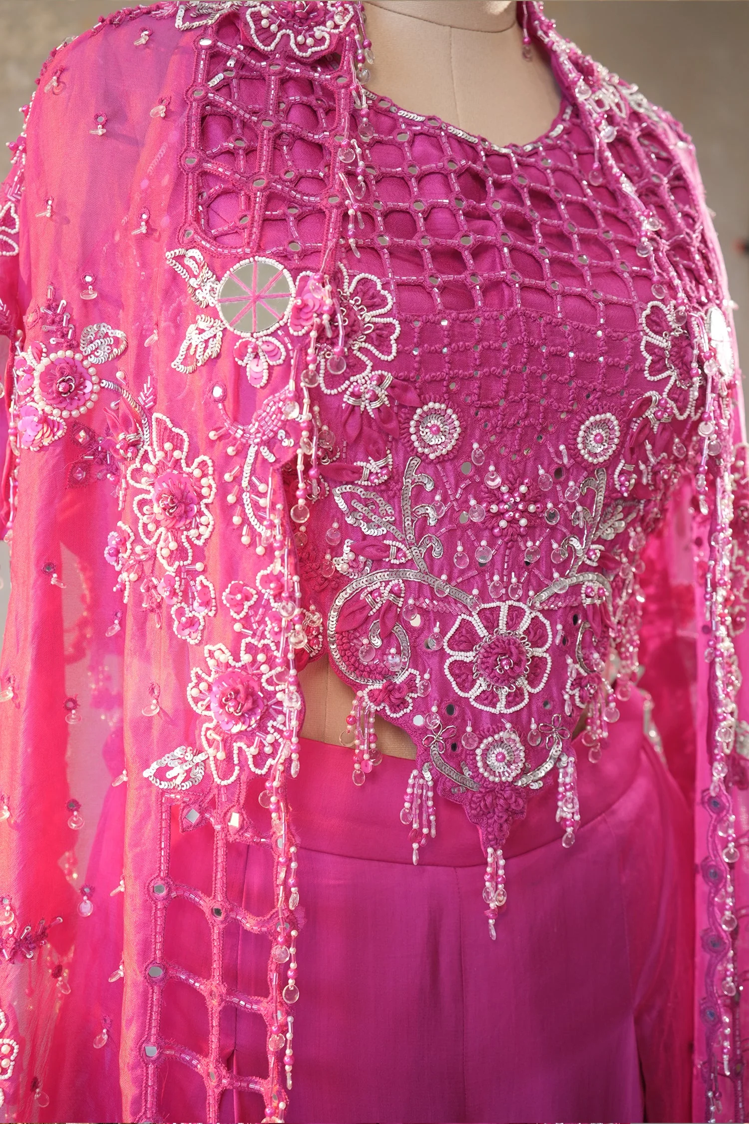 Pink Silk Cutwork Mirror Beaded Crop Top Palazzo Set with Jacket - Image 5