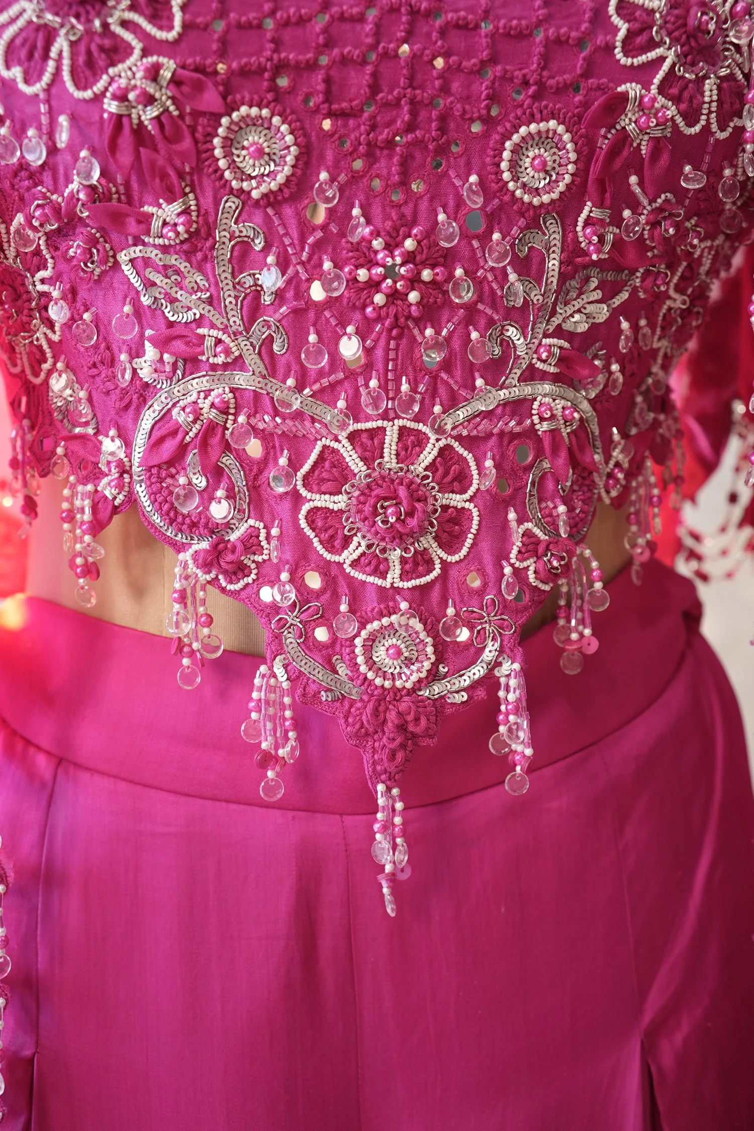 Pink Silk Cutwork Mirror Beaded Crop Top Palazzo Set with Jacket - Image 6