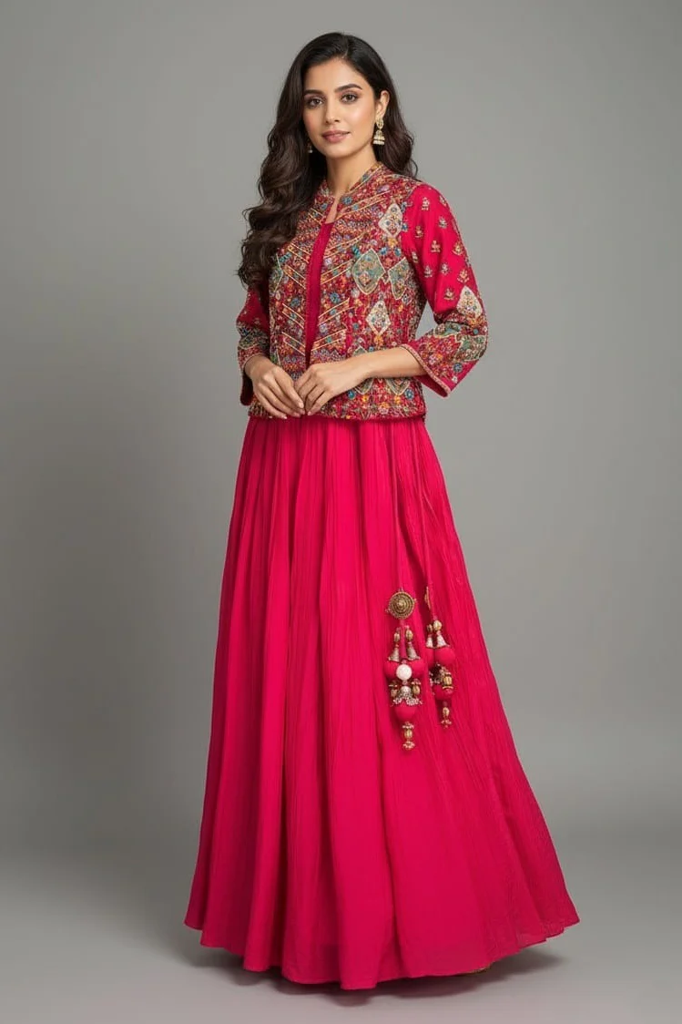 Pink Silk Floral Embroidered Top and Lehenga Set