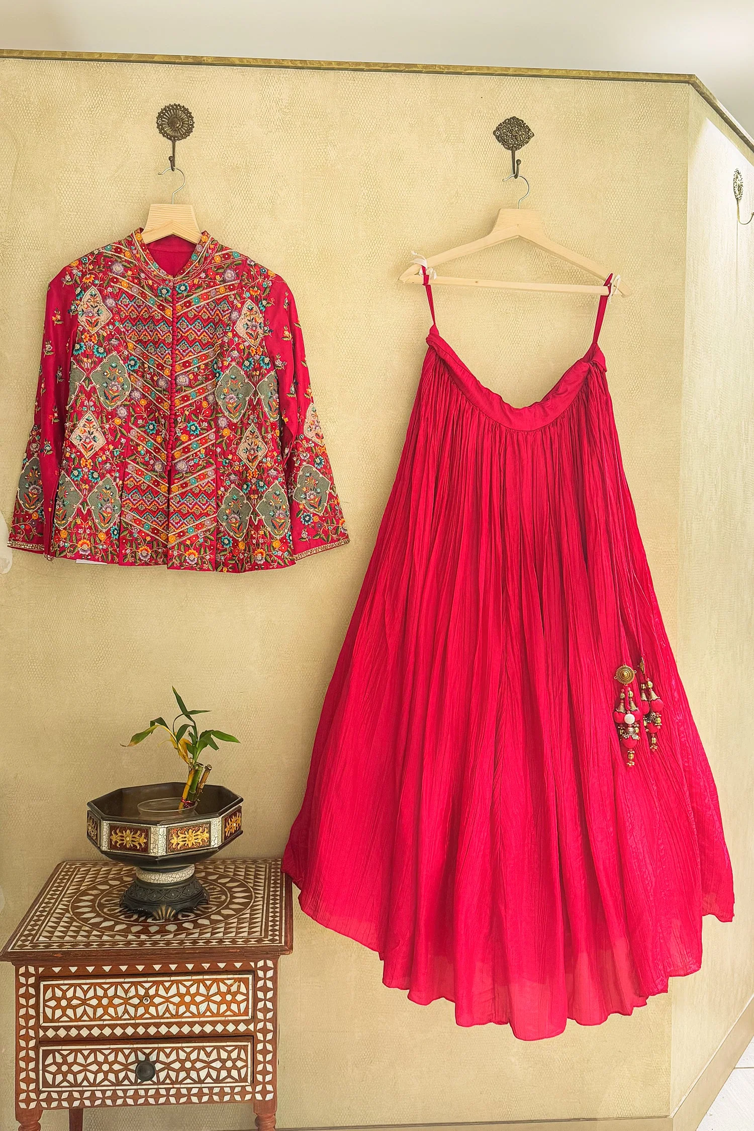 Pink Silk Floral Embroidered Top and Lehenga Set - Image 2