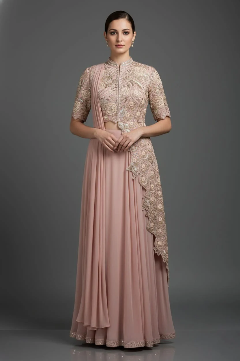 Pink Silk Mirror Cutdana Worked Pre Draped Saree with Asymmetrical Blouse