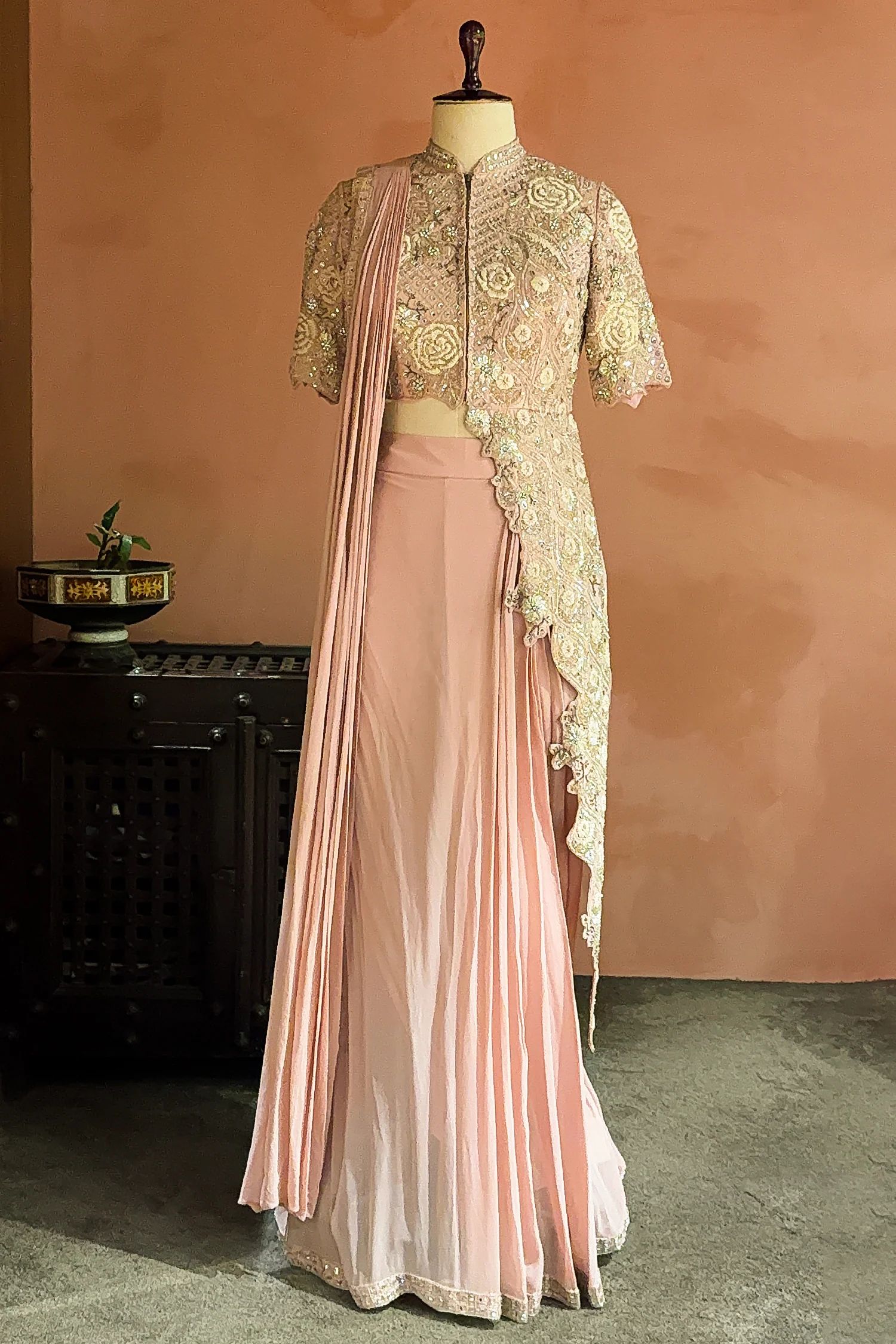 Pink Silk Mirror Cutdana Worked Pre Draped Saree with Asymmetrical Blouse - Image 3