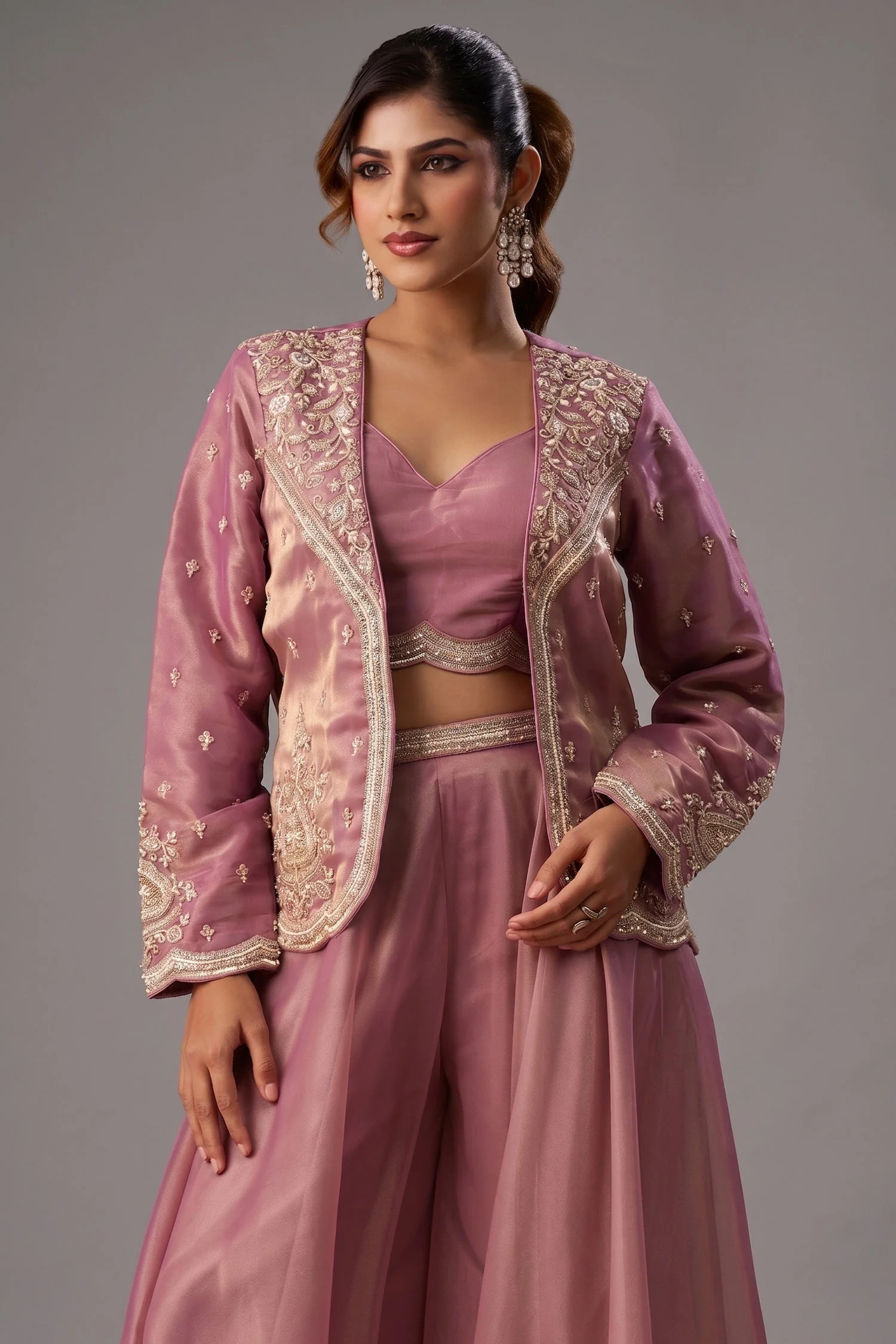 Pink Tissue Crop Top with Embroidered Jacket and Flared Palazzo Set - Image 2