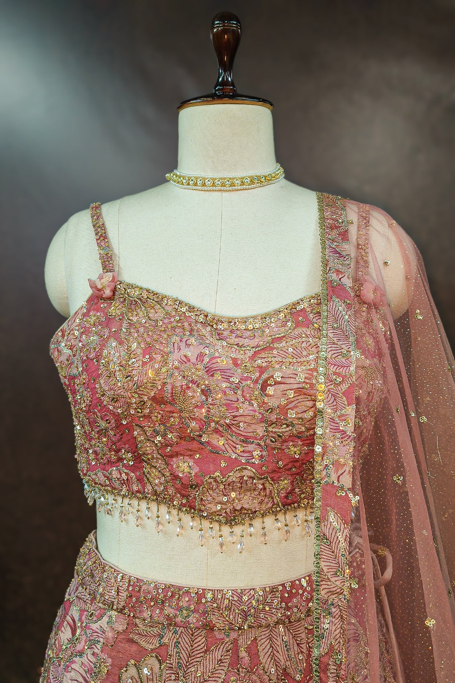 Pink Tissue Organza Floral Printed Lehenga with Cutdana Sequin Work - Image 4