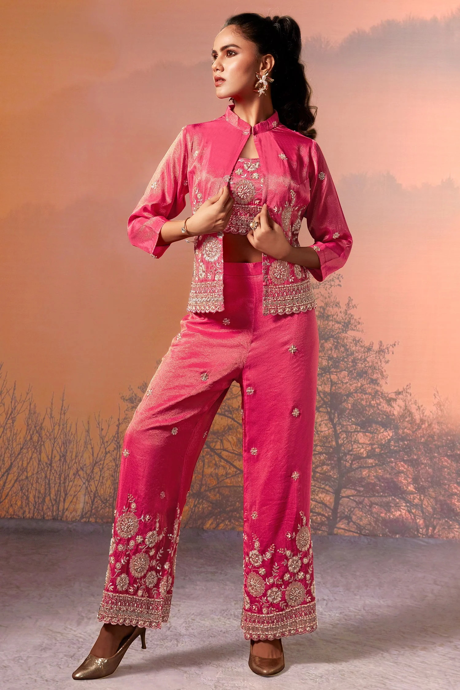 Pink Tissue Silk Crop Top Palazzo Set with Sequin Beaded Jacket - Image 2