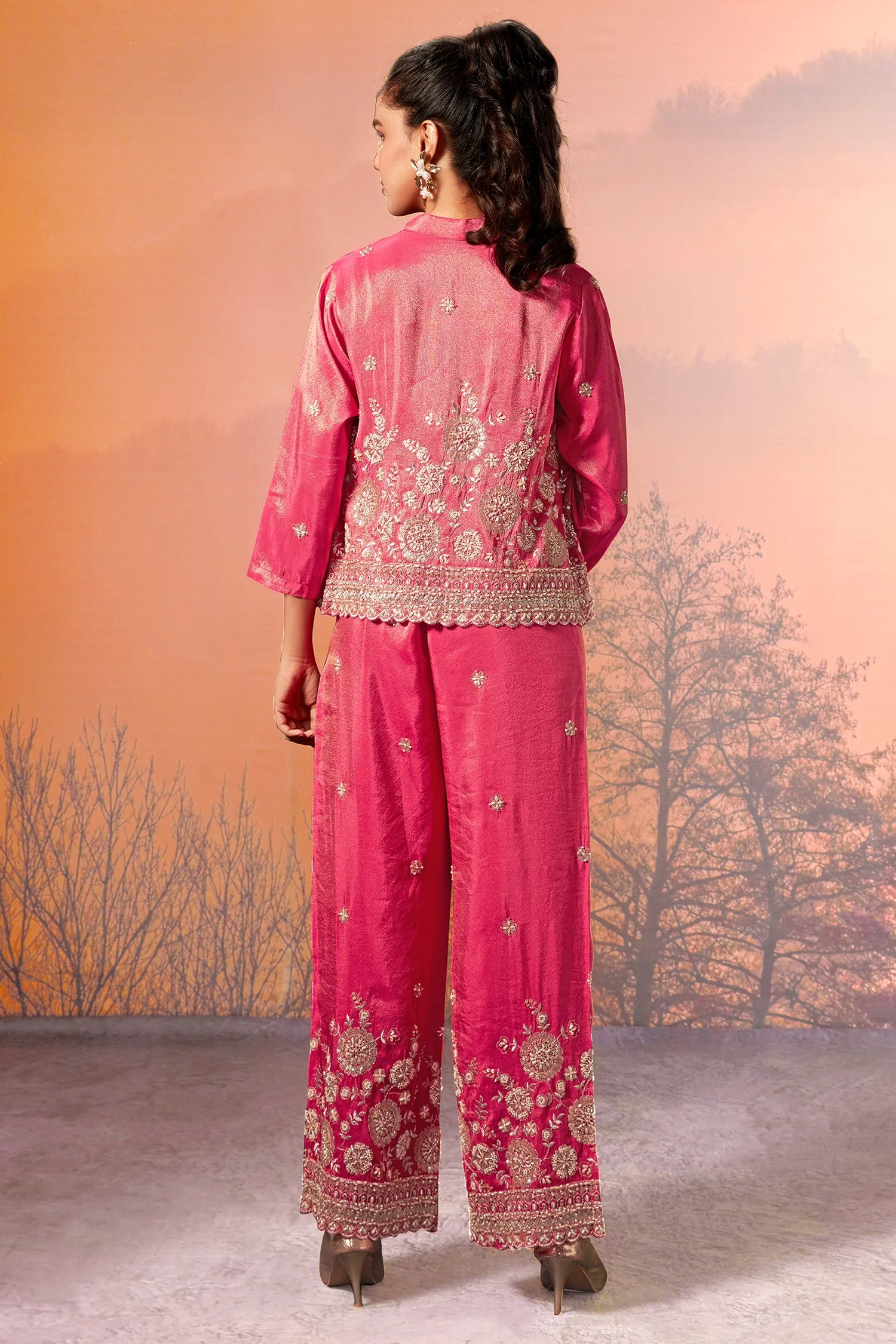 Pink Tissue Silk Crop Top Palazzo Set with Sequin Beaded Jacket - Image 3